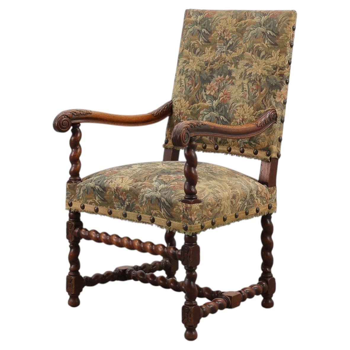 Antique armchair in walnut with tapestry upholstery, UK 17th century