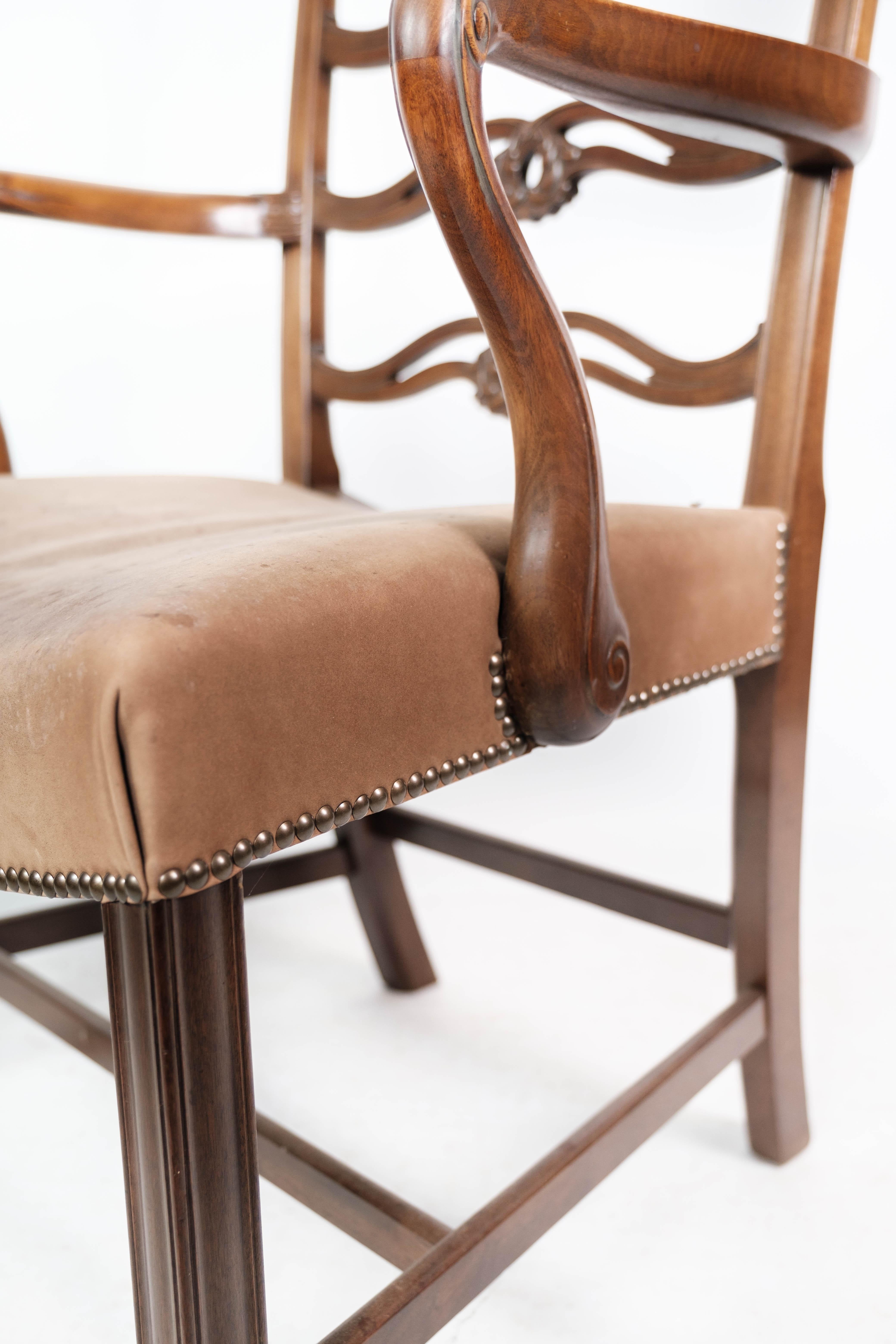 Danish Antique Armchair of Mahogany and with Original Upholstery of Light Fabric, 1880s