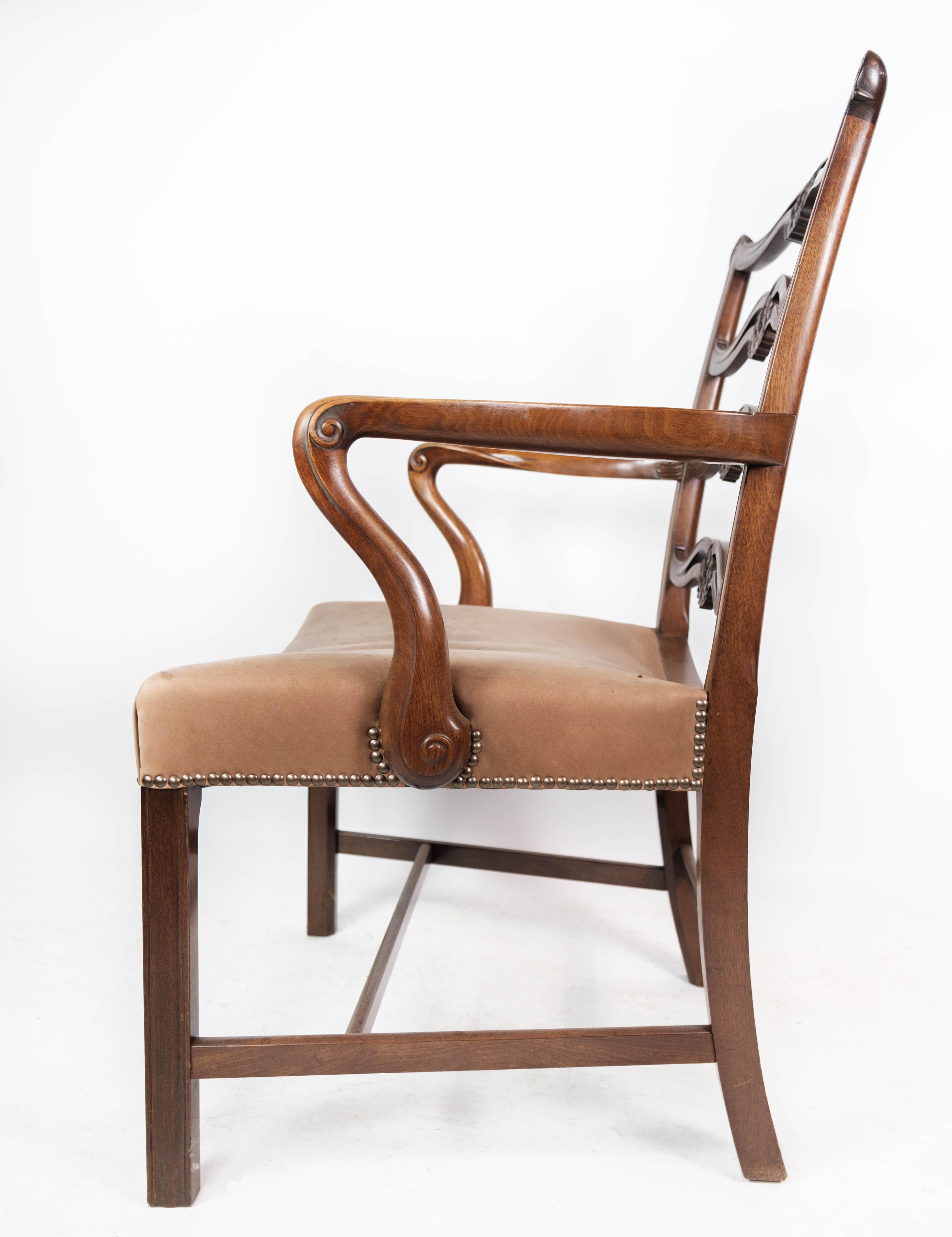 Antique Armchair of Mahogany and with Original Upholstery of Light Fabric, 1880s In Good Condition In Lejre, DK
