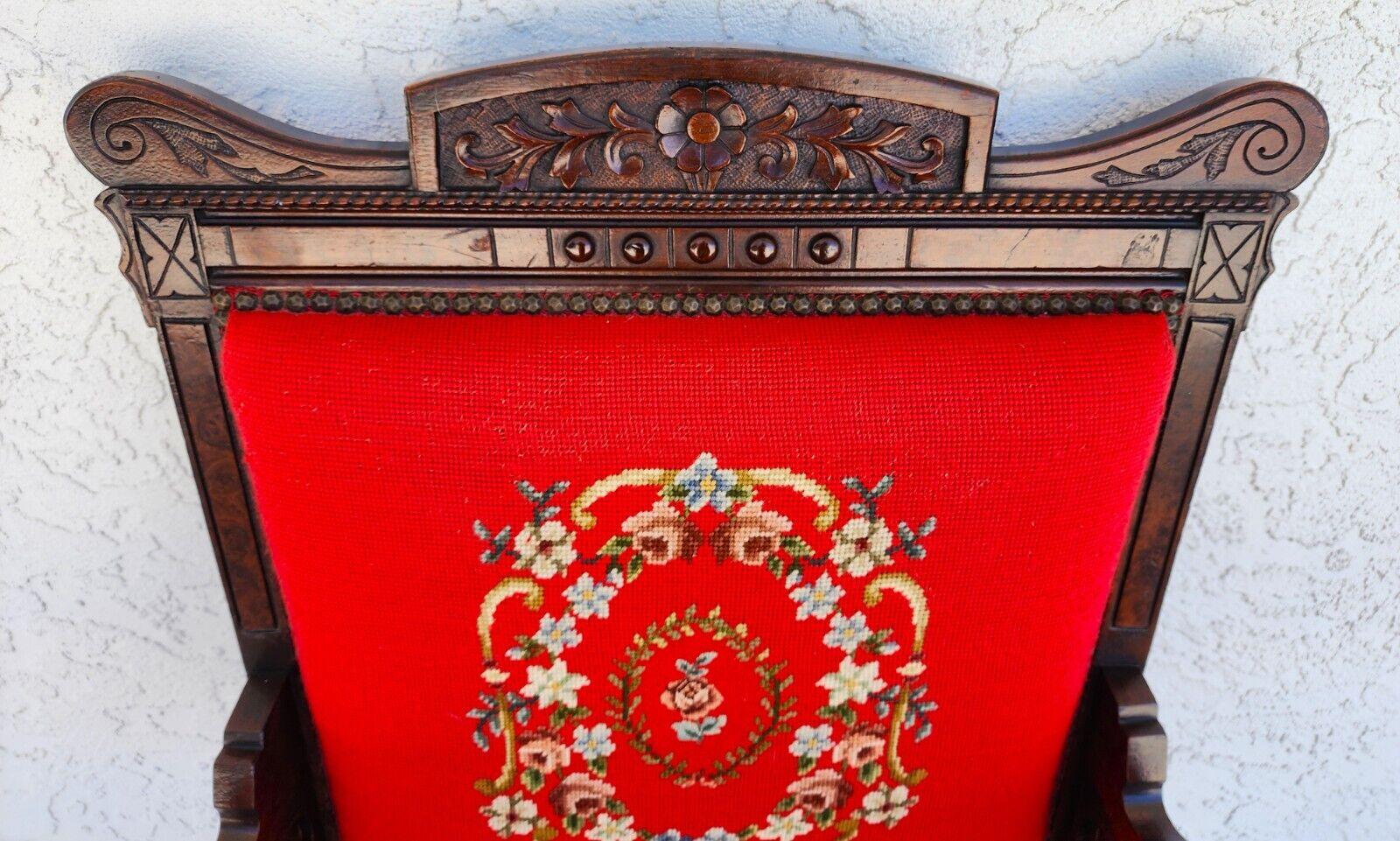 Carved Antique Armchair Victorian Empire Needlepoint For Sale