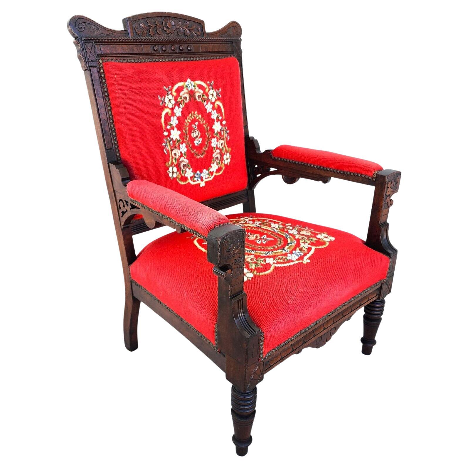 Antique Armchair Victorian Empire Needlepoint For Sale