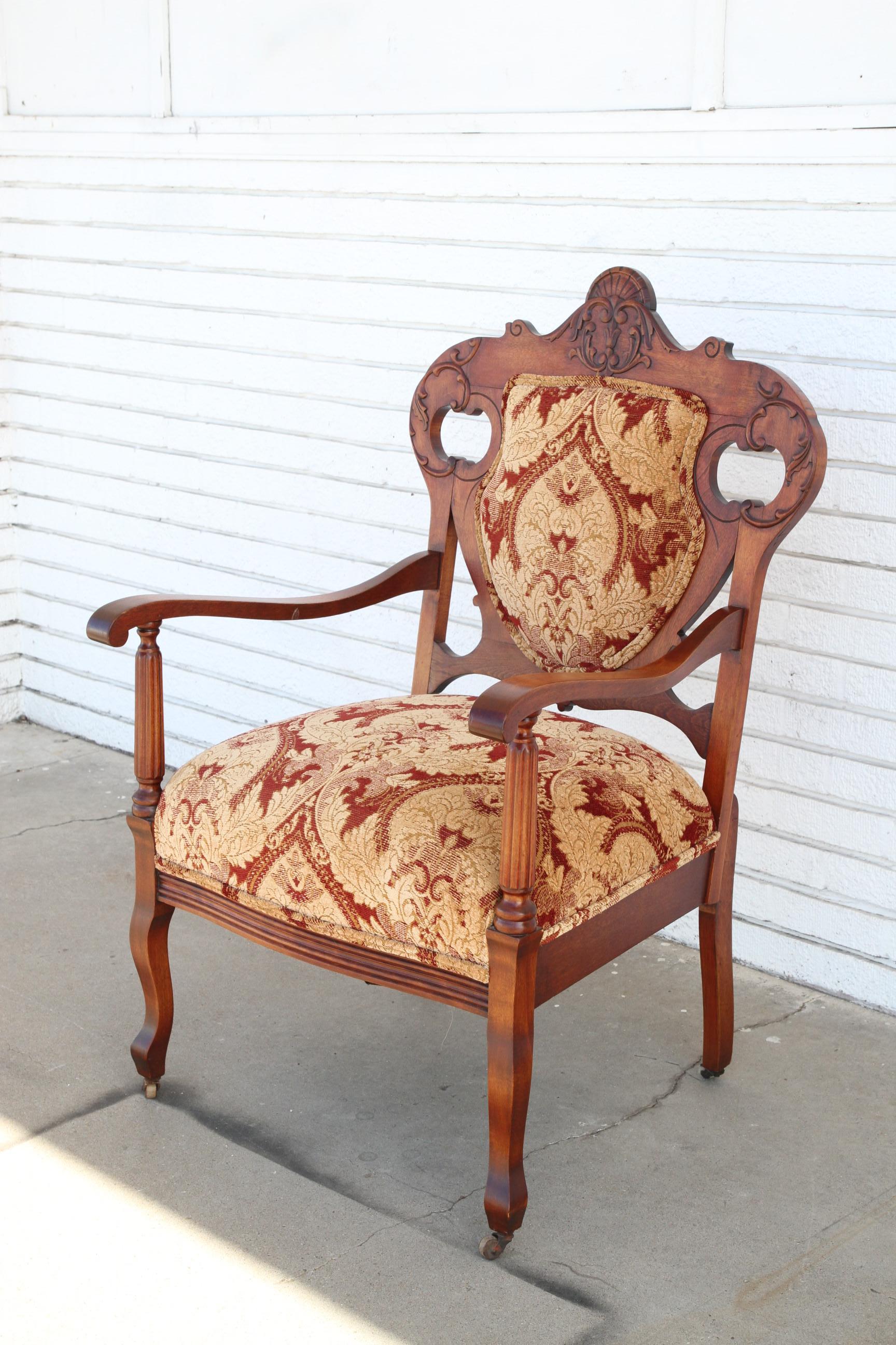 19th Century Antique Armchair with upholstery on casters For Sale