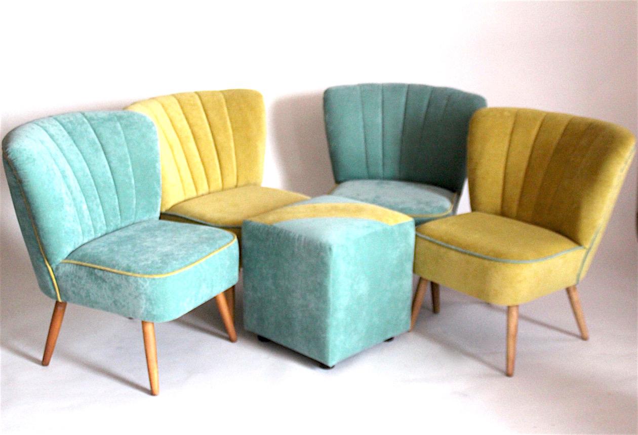 The armchairs have been completely renovated. A beautiful set of 4 armchairs is from the 1950s. A new footstool has been added to the armchairs.