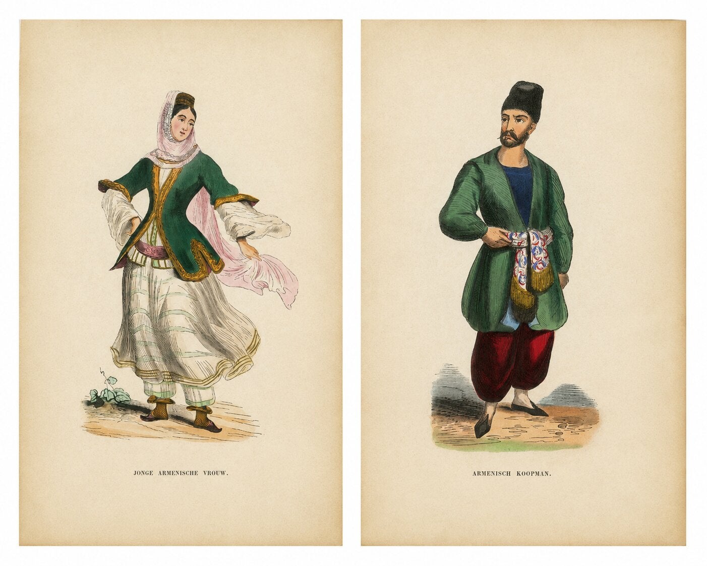 Antique Armenian Costume Prints, Hand-Colored Ethnographic Lithographs, 1852