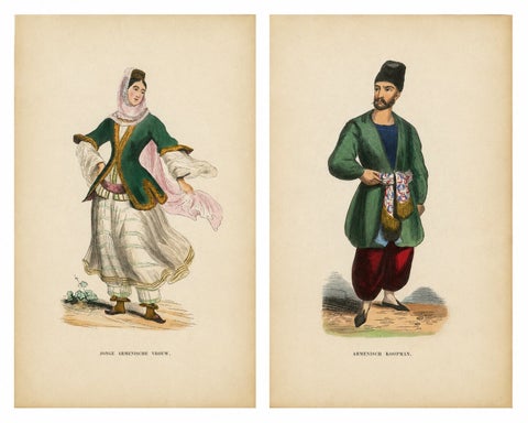 Antique Armenian Costume Prints, Hand-Colored Ethnographic Lithographs, 1852