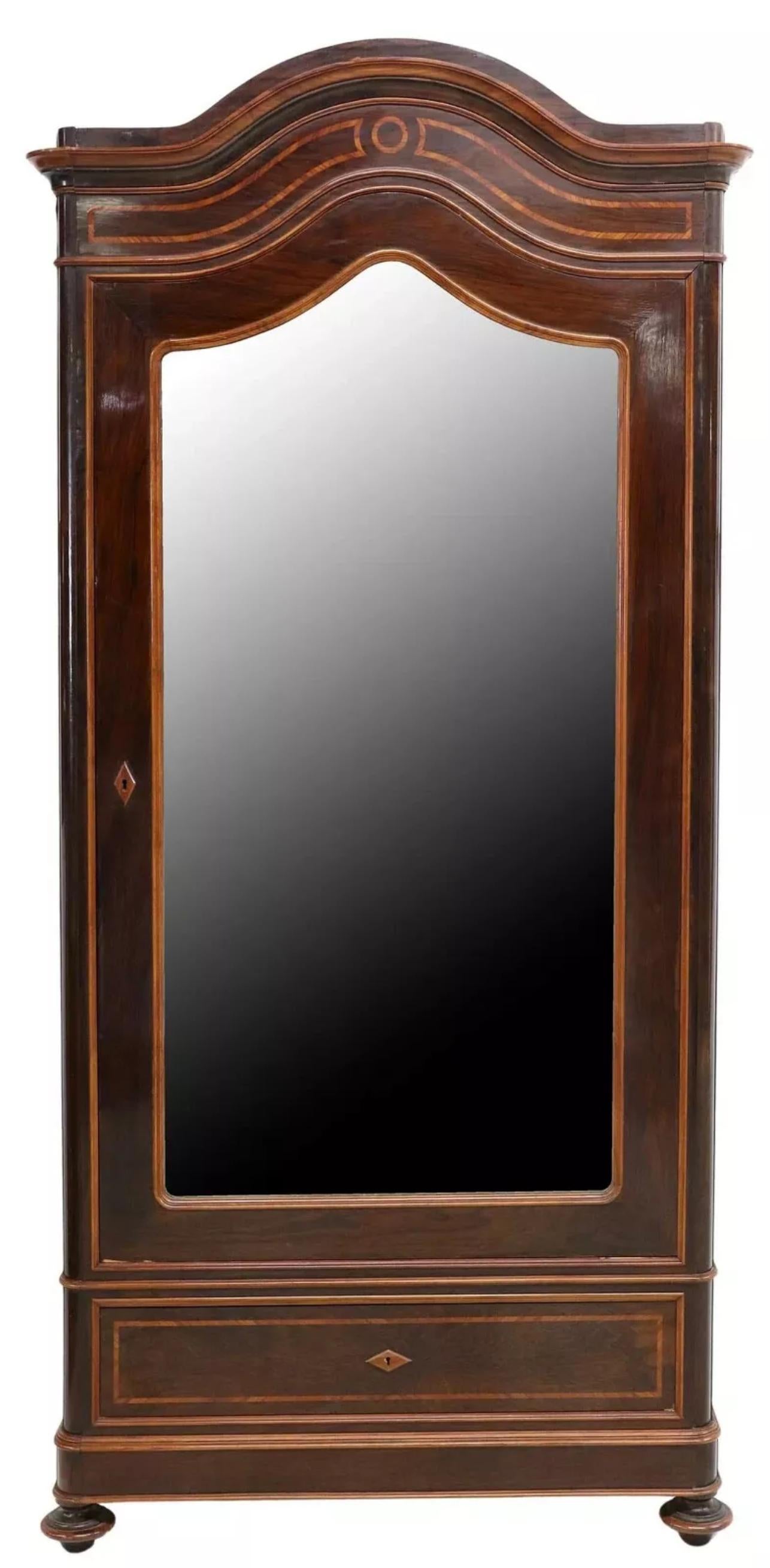 Gorgeous Antique Armoire, Mirrored, Italian, Inlaid Rosewood, 92.75