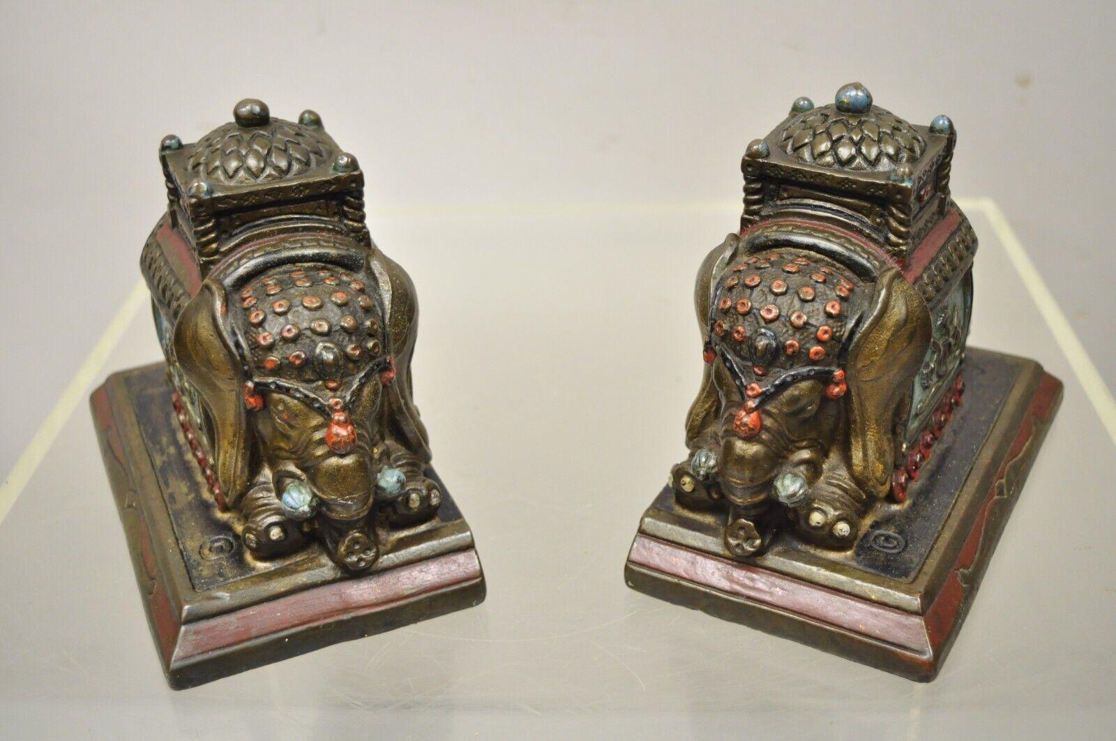 Antique Armor Bronze Indian Elephant Metal Clad Bookends, a Pair In Good Condition In Philadelphia, PA
