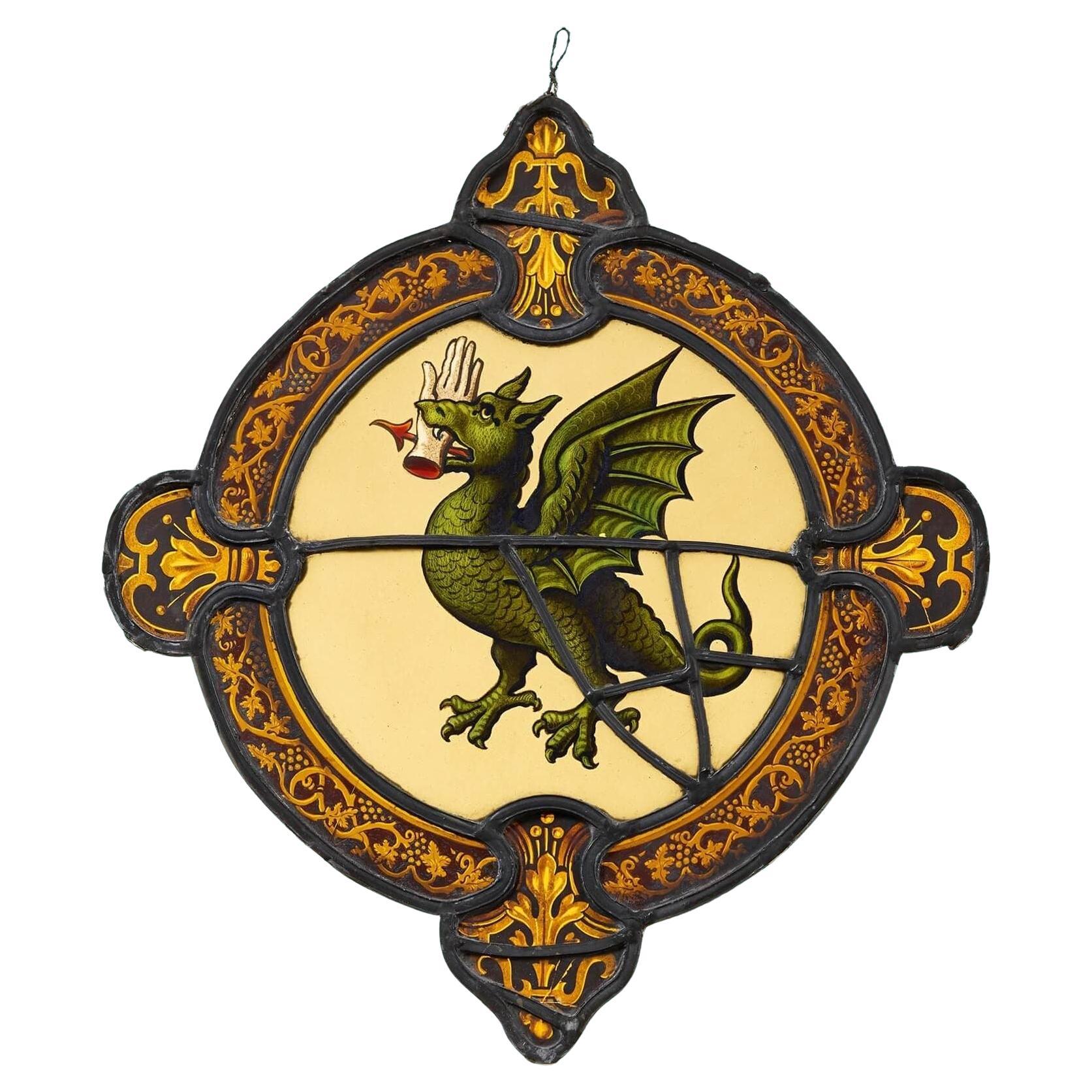 Antique Armorial Dragon Stained Glass Panel