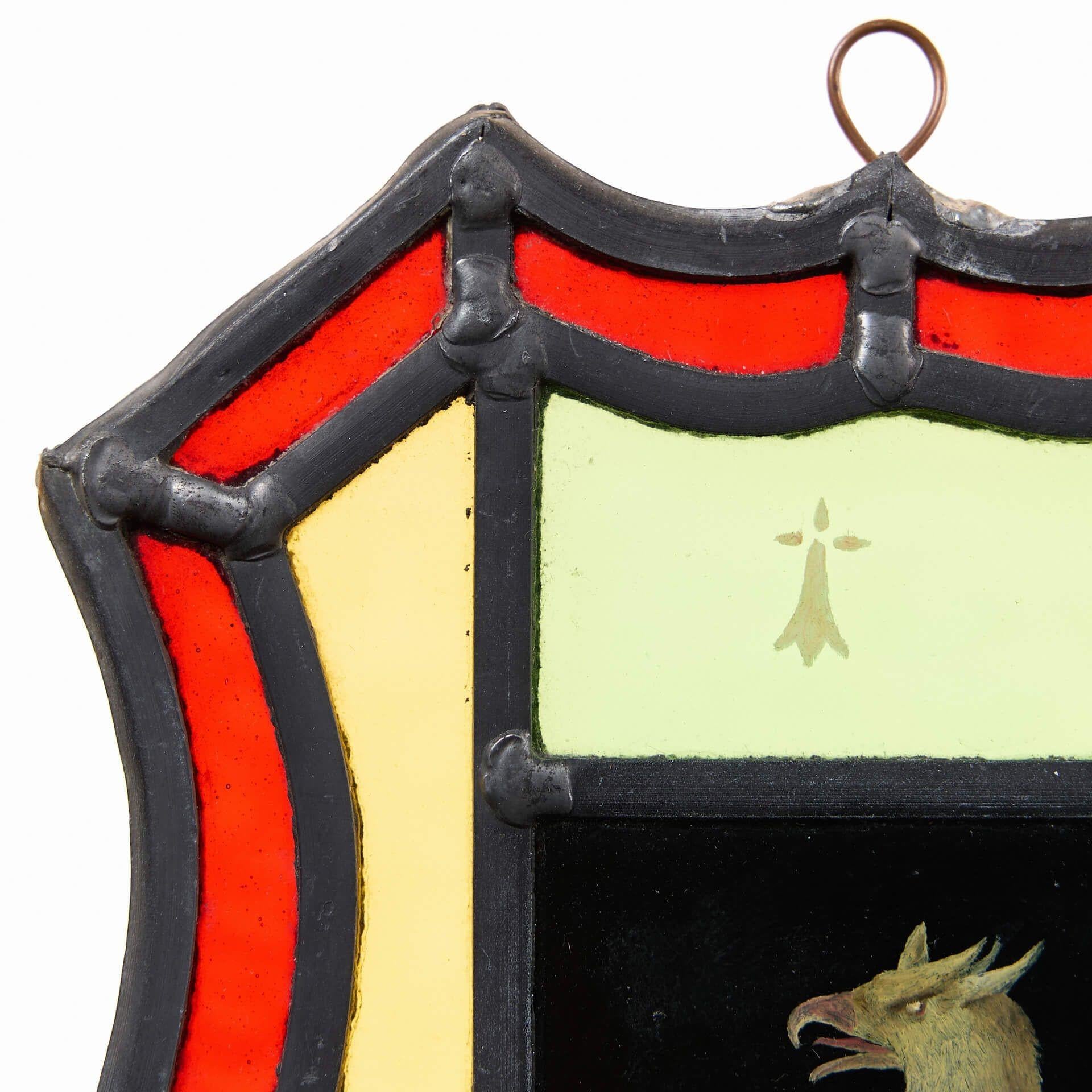 European Antique Armorial Shield Stained Glass Panel For Sale
