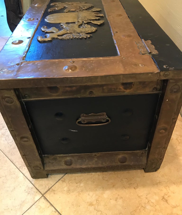 Brass Antique English  Armorial Trunk For Sale