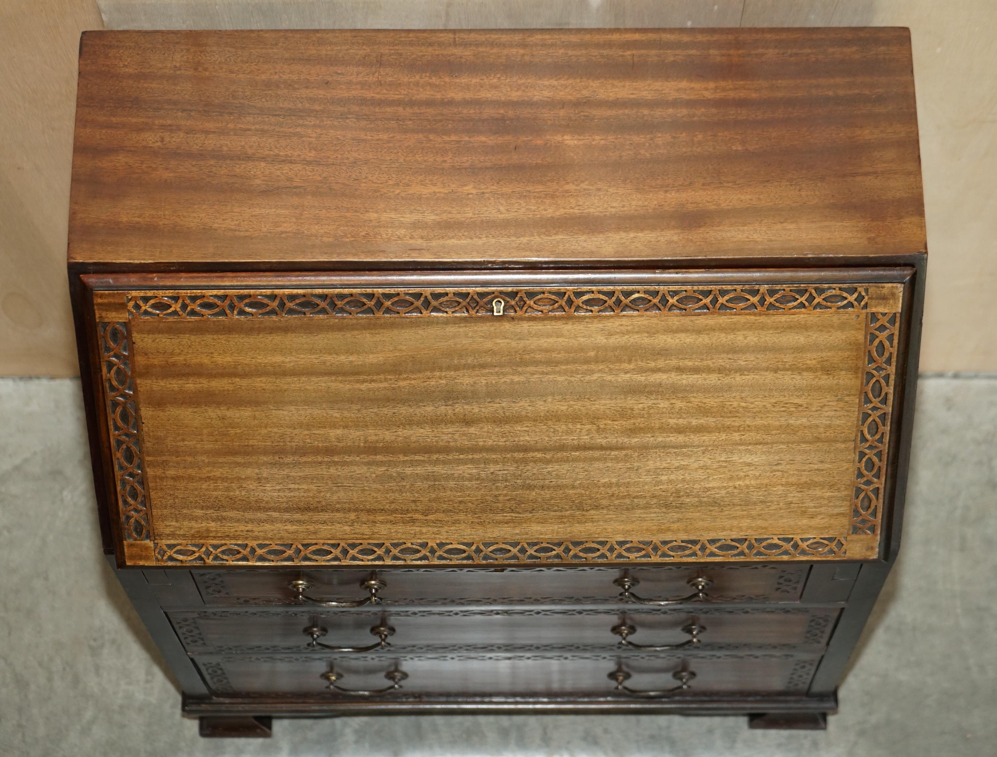 Antique Arnold Bros Hardwood Chippendale Drop Front Bureau Desk Lovely Timber For Sale 4