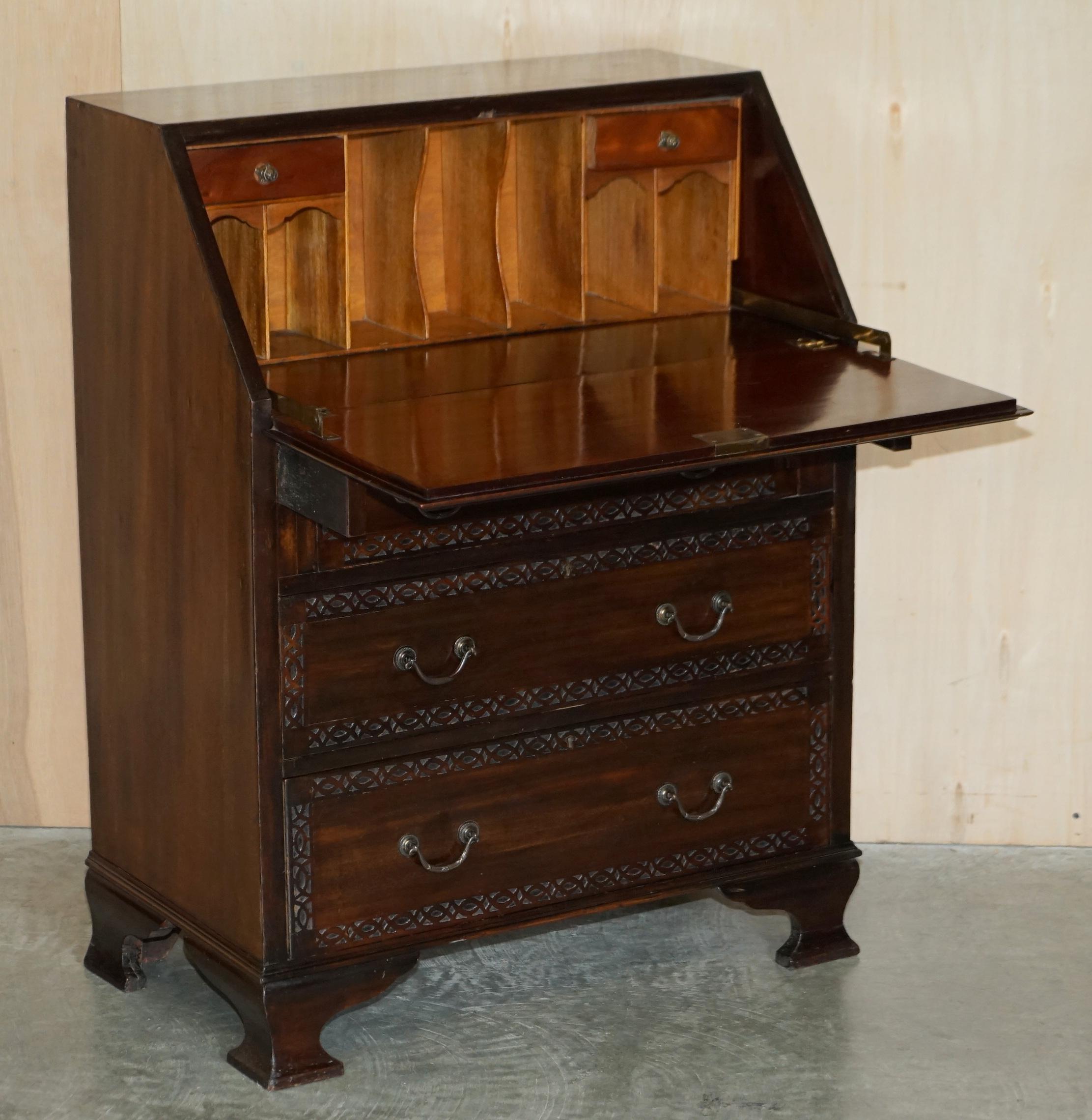 Antique Arnold Bros Hardwood Chippendale Drop Front Bureau Desk Lovely Timber For Sale 8