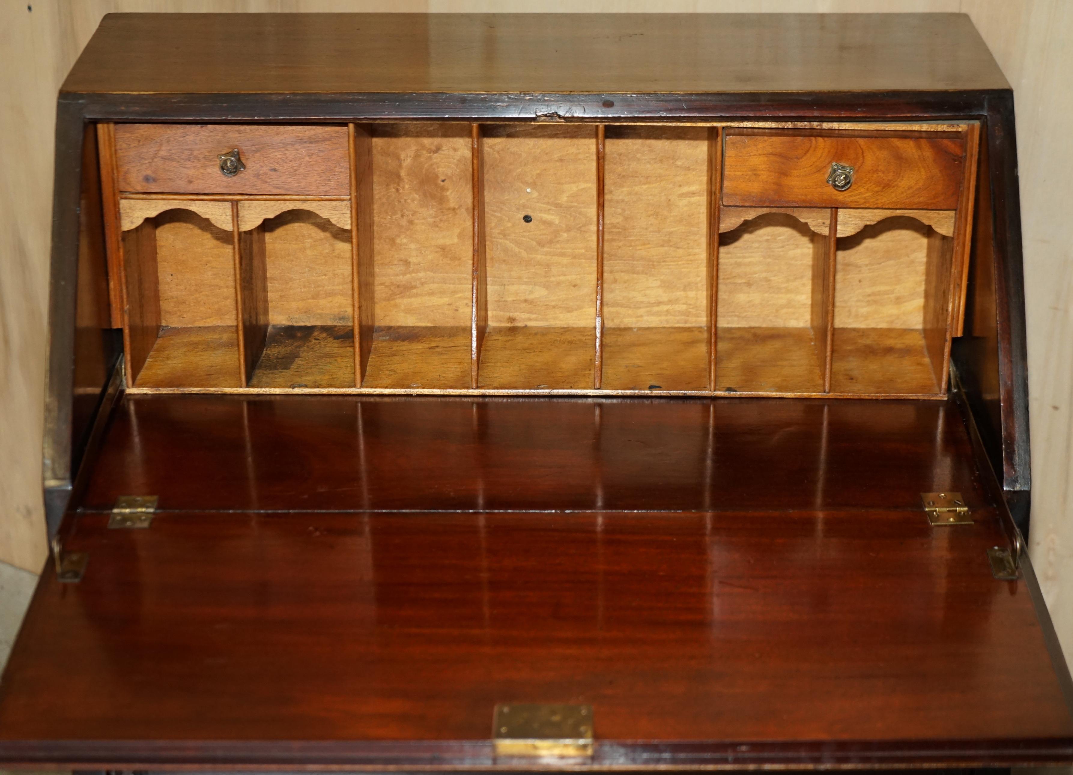 Antique Arnold Bros Hardwood Chippendale Drop Front Bureau Desk Lovely Timber For Sale 9