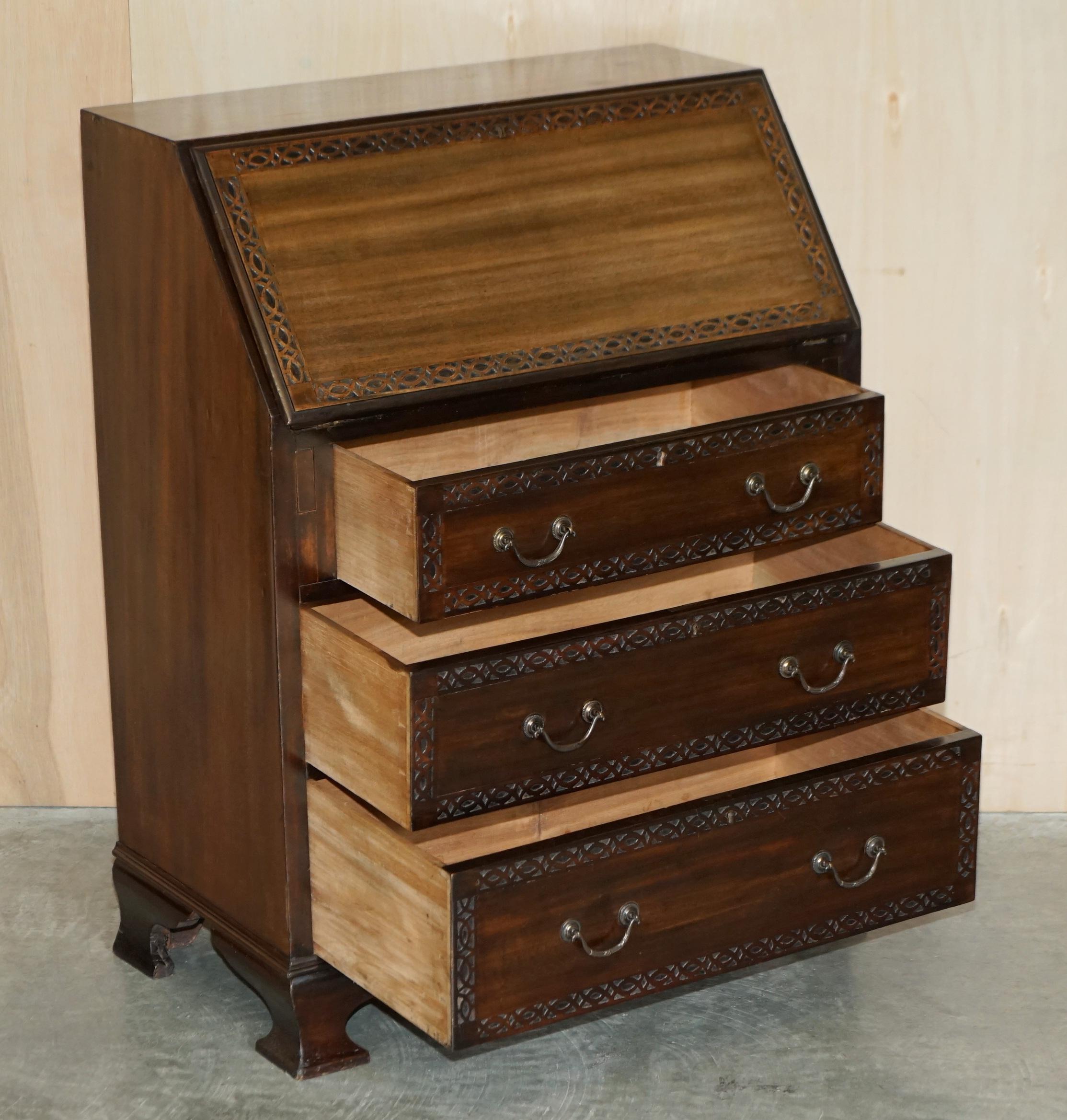 Antique Arnold Bros Hardwood Chippendale Drop Front Bureau Desk Lovely Timber For Sale 11