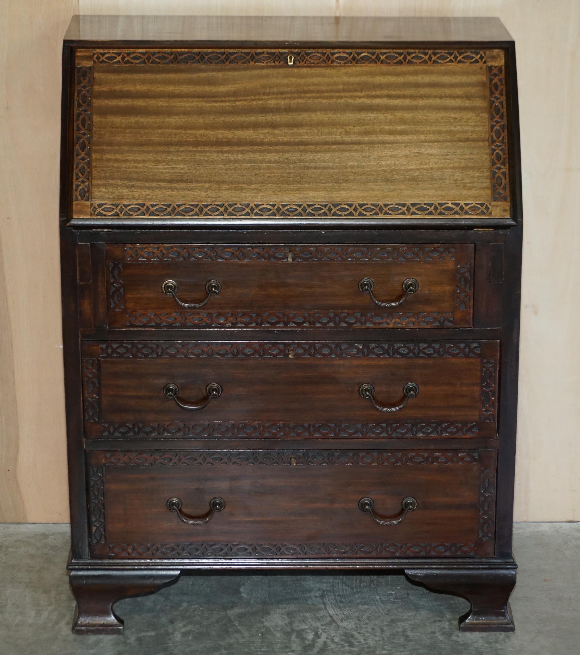 We are delighted to offer for sale this lovely circa 1900 mahogany drop front bureau in the Thomas Chippendale style made and stamped by Arnold Bros

A good looking and well-made piece, it has Chippendale style fret work carving, the handles are