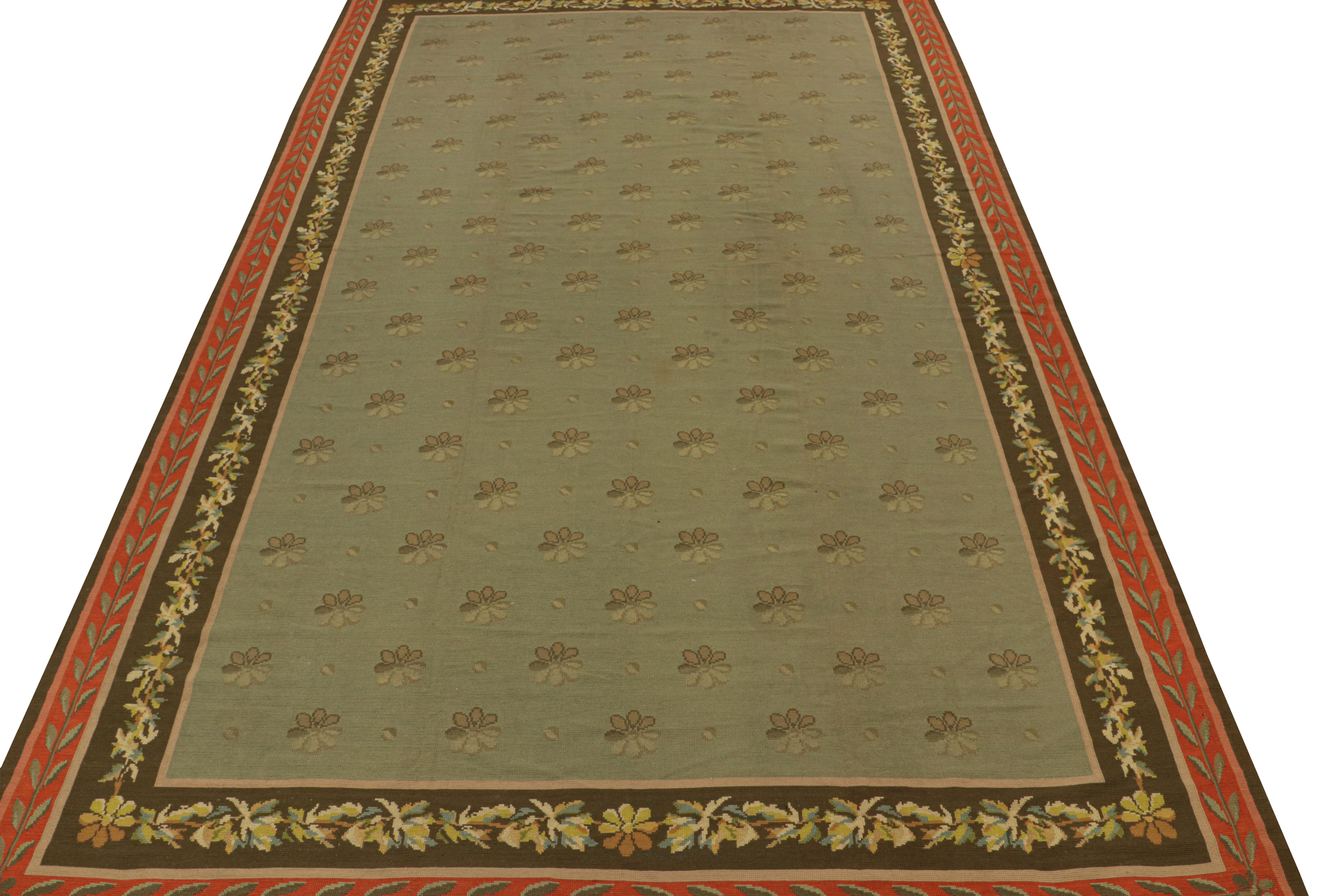 Arts and Crafts Antique Arraiolos Needlepoint Rug in Olive Green with Florals, from Rug & Kilim For Sale
