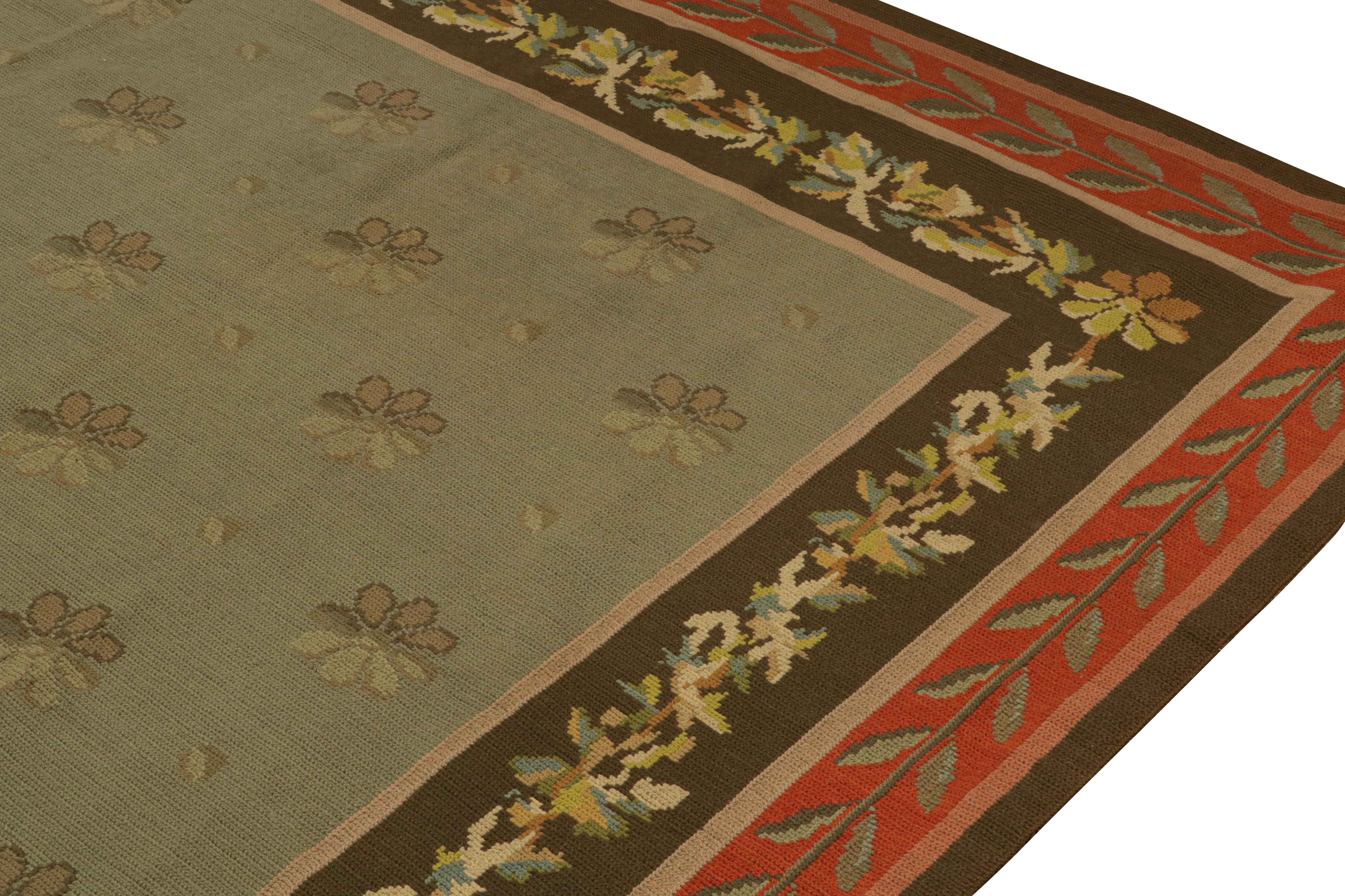 Hand-Knotted Antique Arraiolos Needlepoint Rug in Olive Green with Florals, from Rug & Kilim For Sale