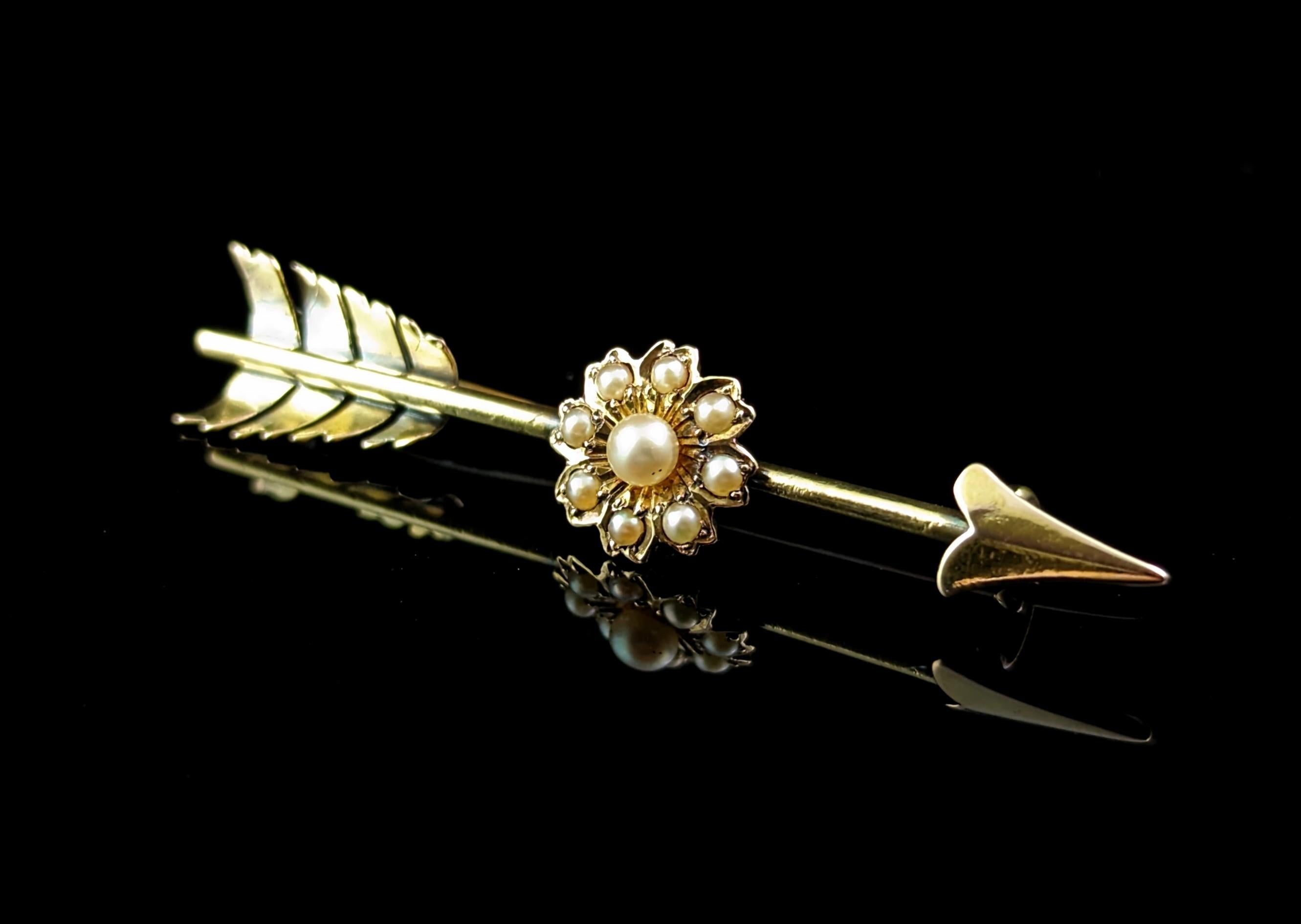 Cabochon Antique Arrow and flower brooch, 9k gold and pearl  For Sale