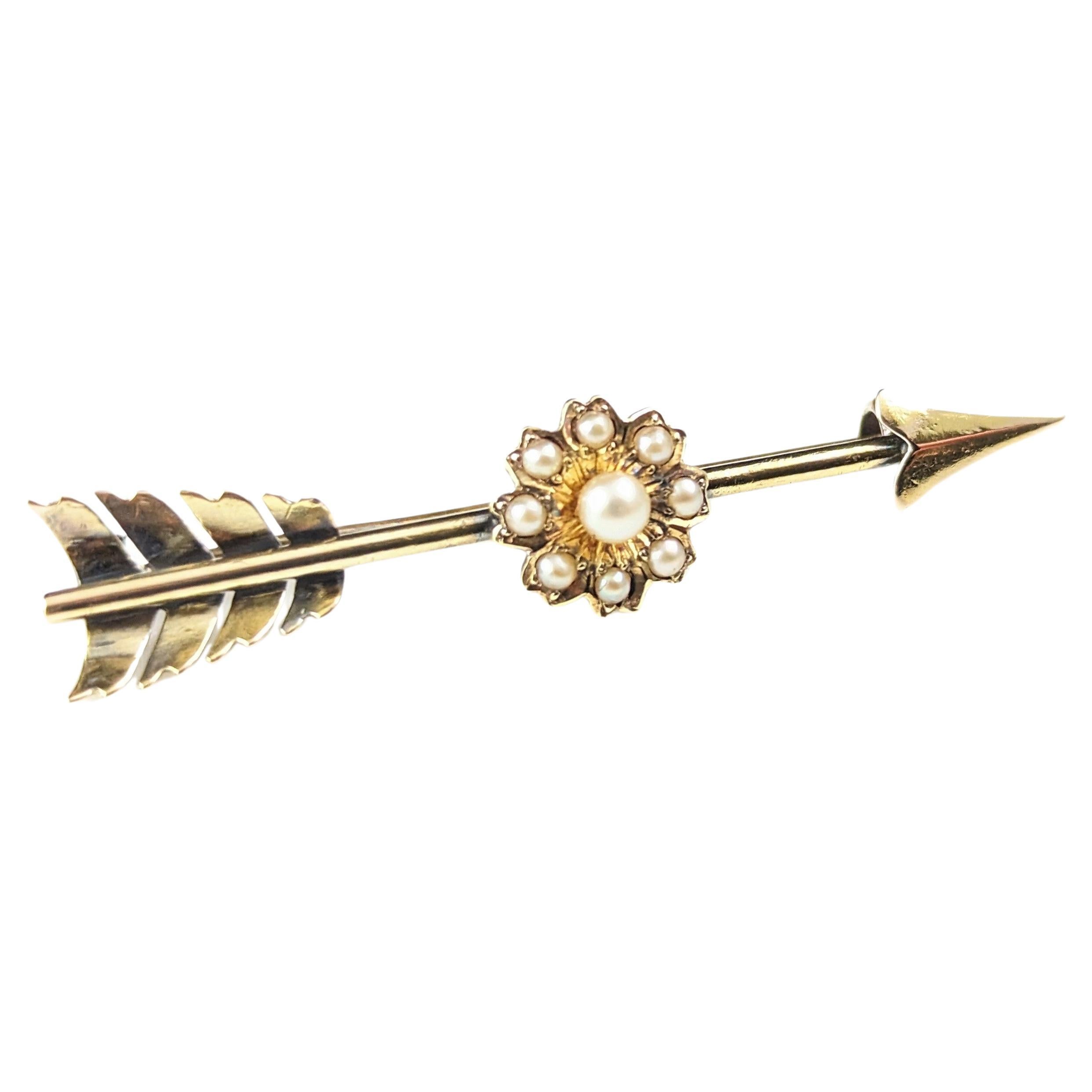 Antique Arrow and flower brooch, 9k gold and pearl  For Sale