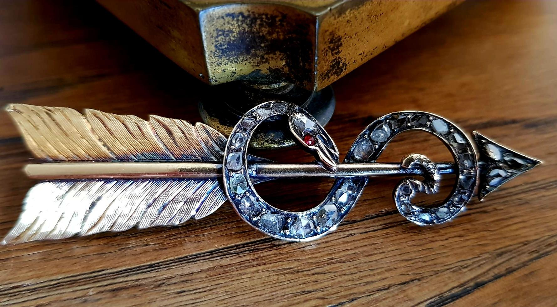 Antique Arrow and Snake Diamond Silver and Gold Brooch (France) late19th Century For Sale 7