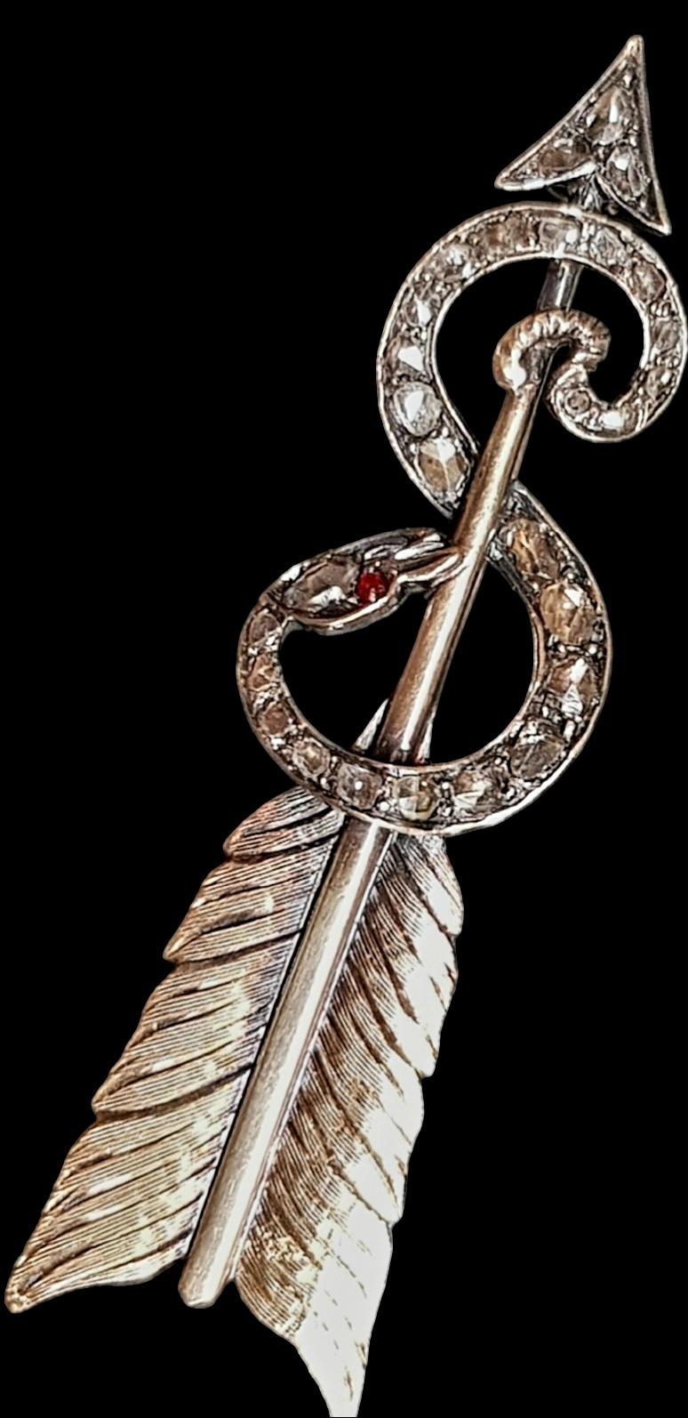 Victorian Antique Arrow and Snake Diamond Silver and Gold Brooch (France) late19th Century For Sale