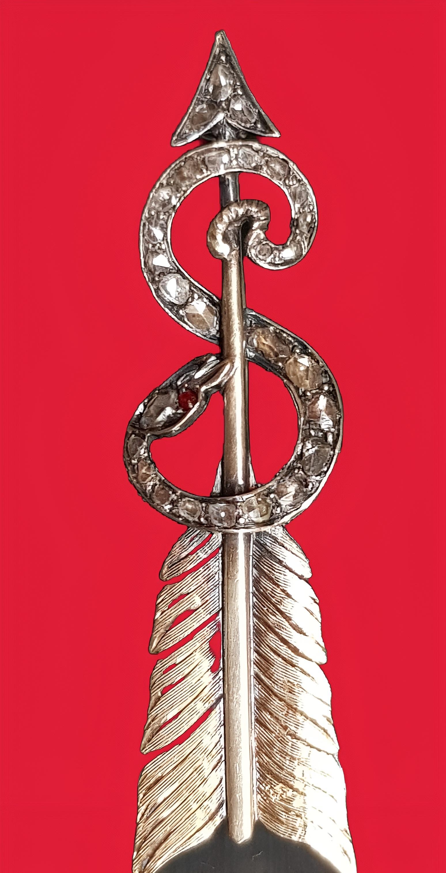 Rose Cut Antique Arrow and Snake Diamond Silver and Gold Brooch (France) late19th Century For Sale