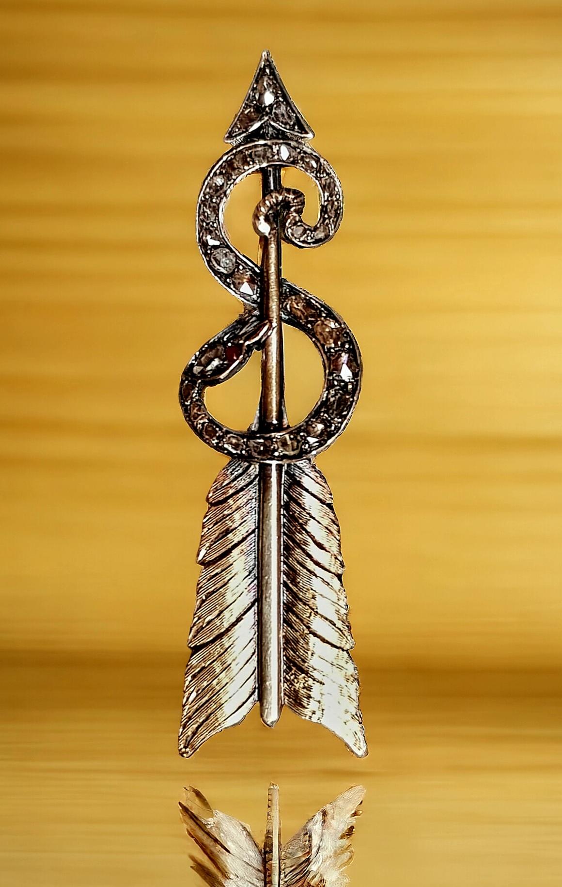 Antique Arrow and Snake Diamond Silver and Gold Brooch (France) late19th Century For Sale 2