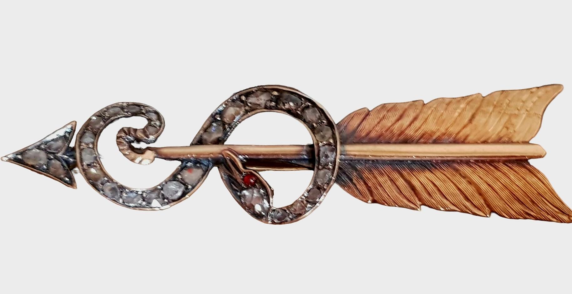 Antique Arrow and Snake Diamond Silver and Gold Brooch (France) late19th Century For Sale 3
