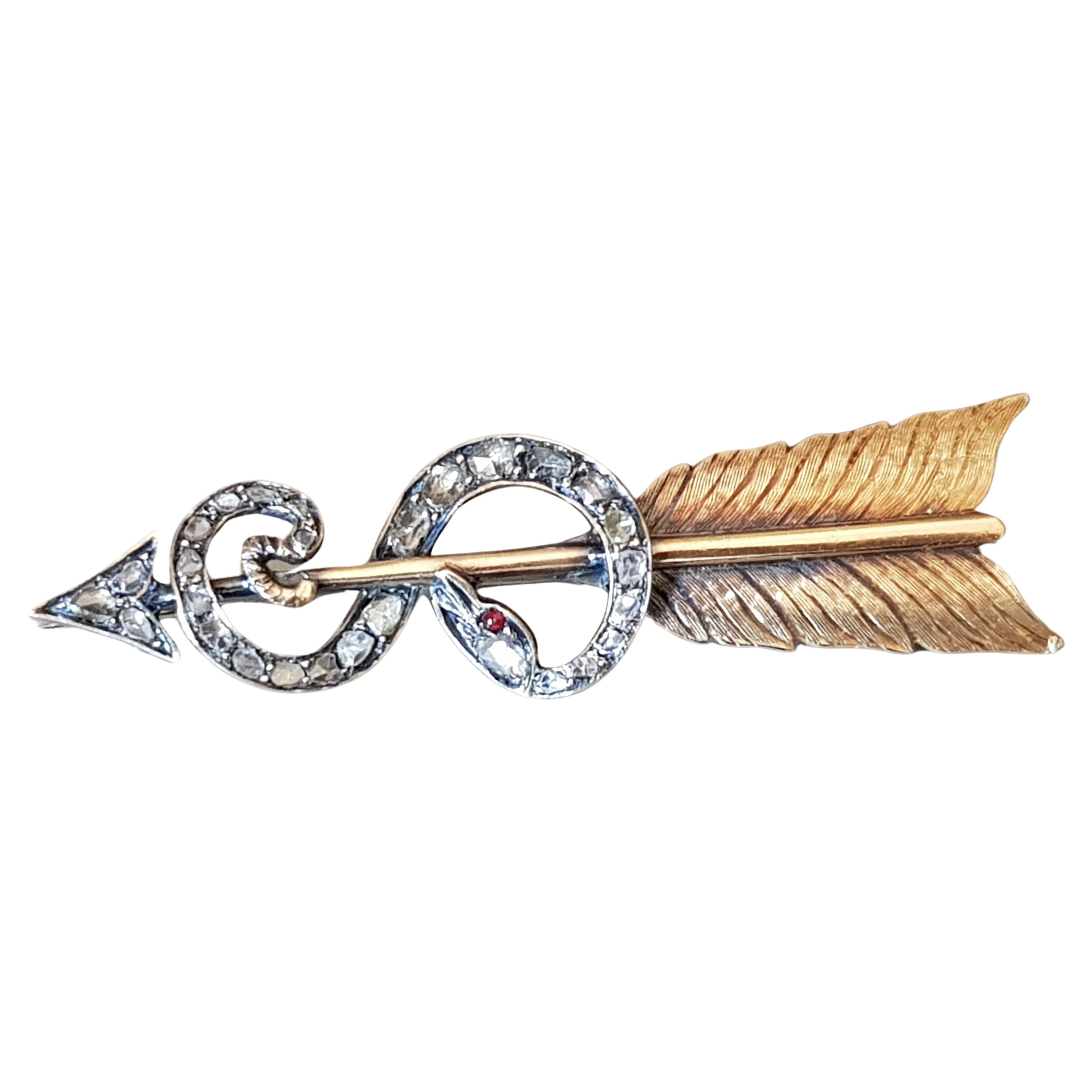 Antique Arrow and Snake Diamond Silver and Gold Brooch (France) late19th Century For Sale