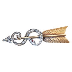 Broche antiguo de flecha y serpiente de diamantes de plata y oro (Francia) finales del siglo XIX