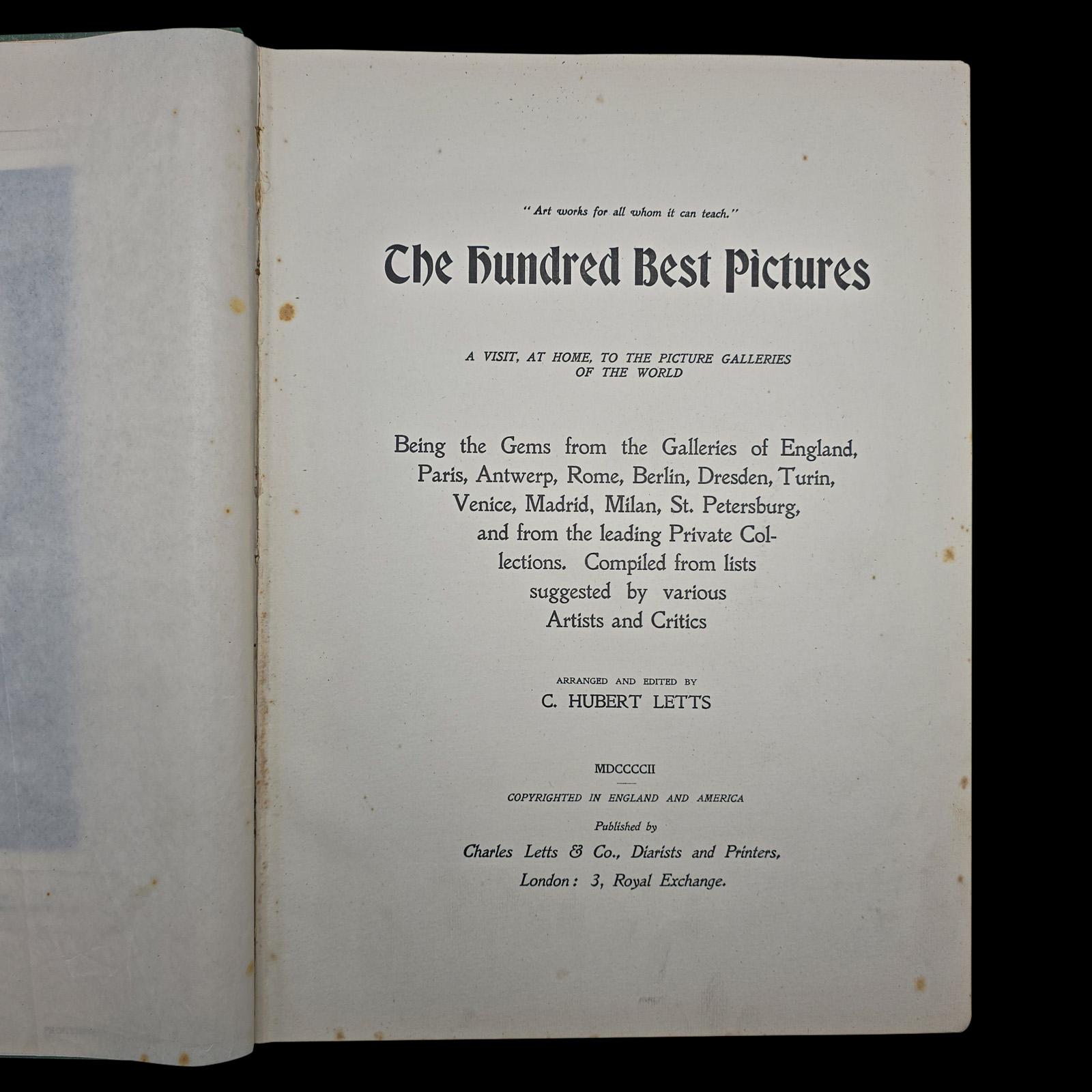 Britannique Livre d'art ancien, The Hundred Best Pictures, couverture rigide, illustré, édouardien en vente