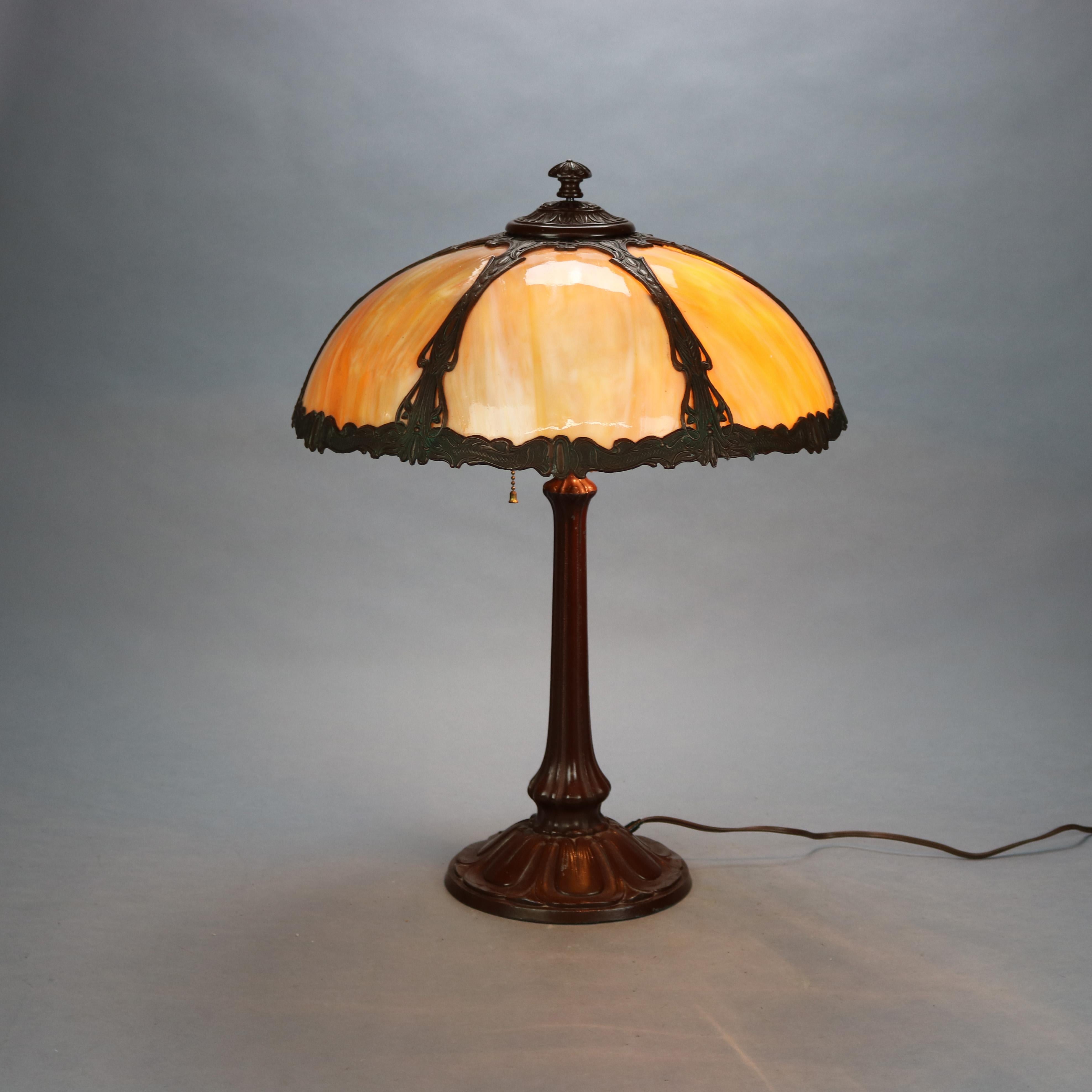American Antique Art & Crafts Bradly & Hubbard School Slag Glass Lamp, Circa 1910