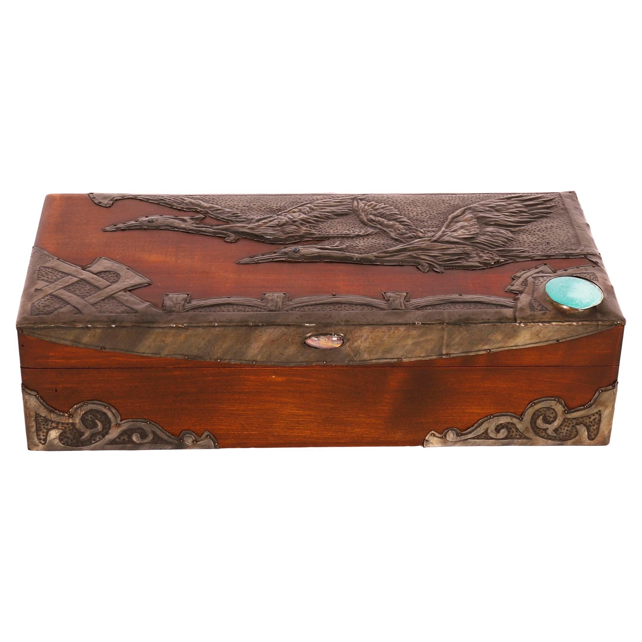 Antique Art & Crafts Cedar Wood Pewter Box / Casket 19th Century