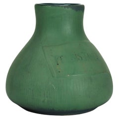 Antique Art & Crafts Matte Green Bulbous Pottery Vase Signed C1910