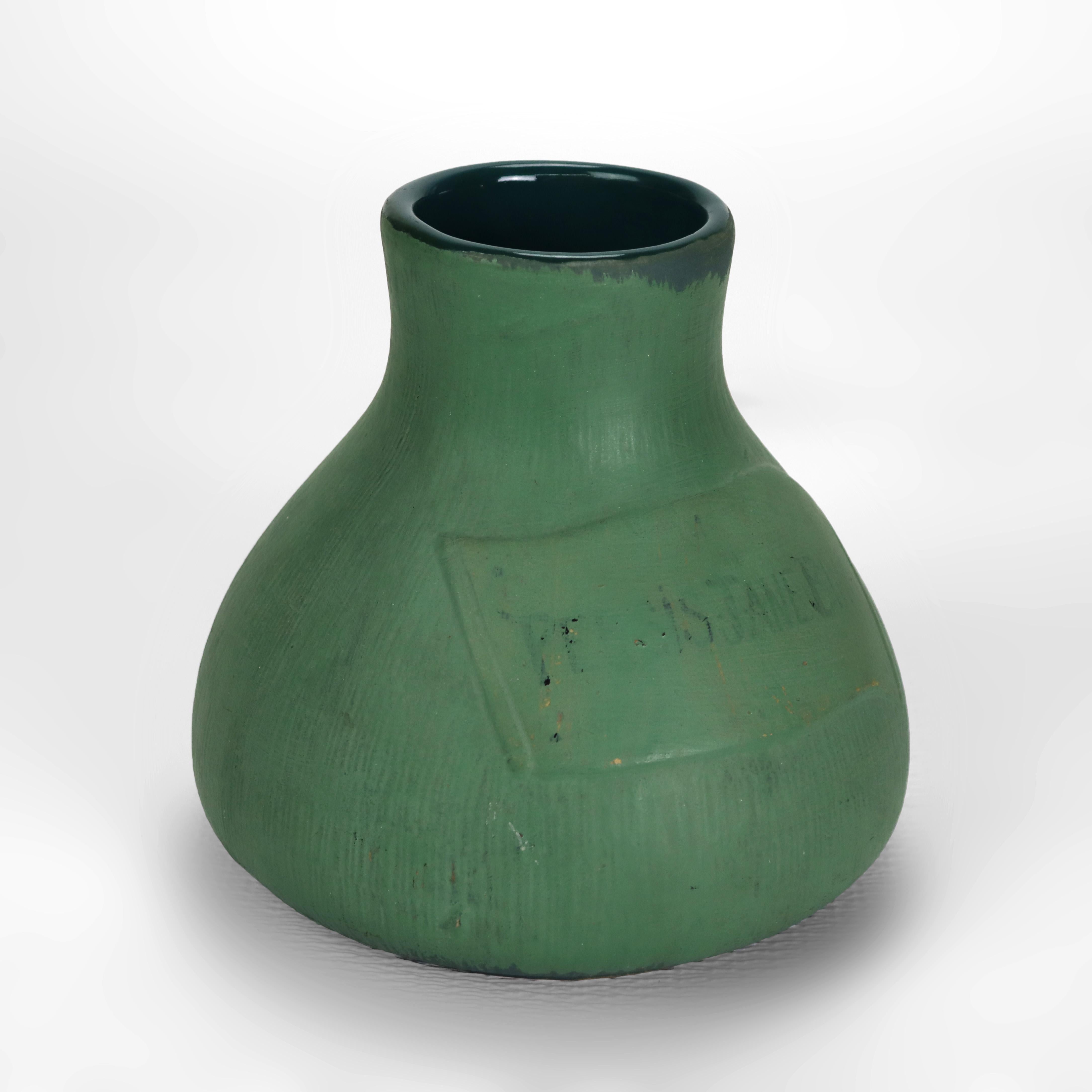 Arts and Crafts Antique Art & Crafts Matte Green Bulbous Pottery Vase Signed C1910 For Sale