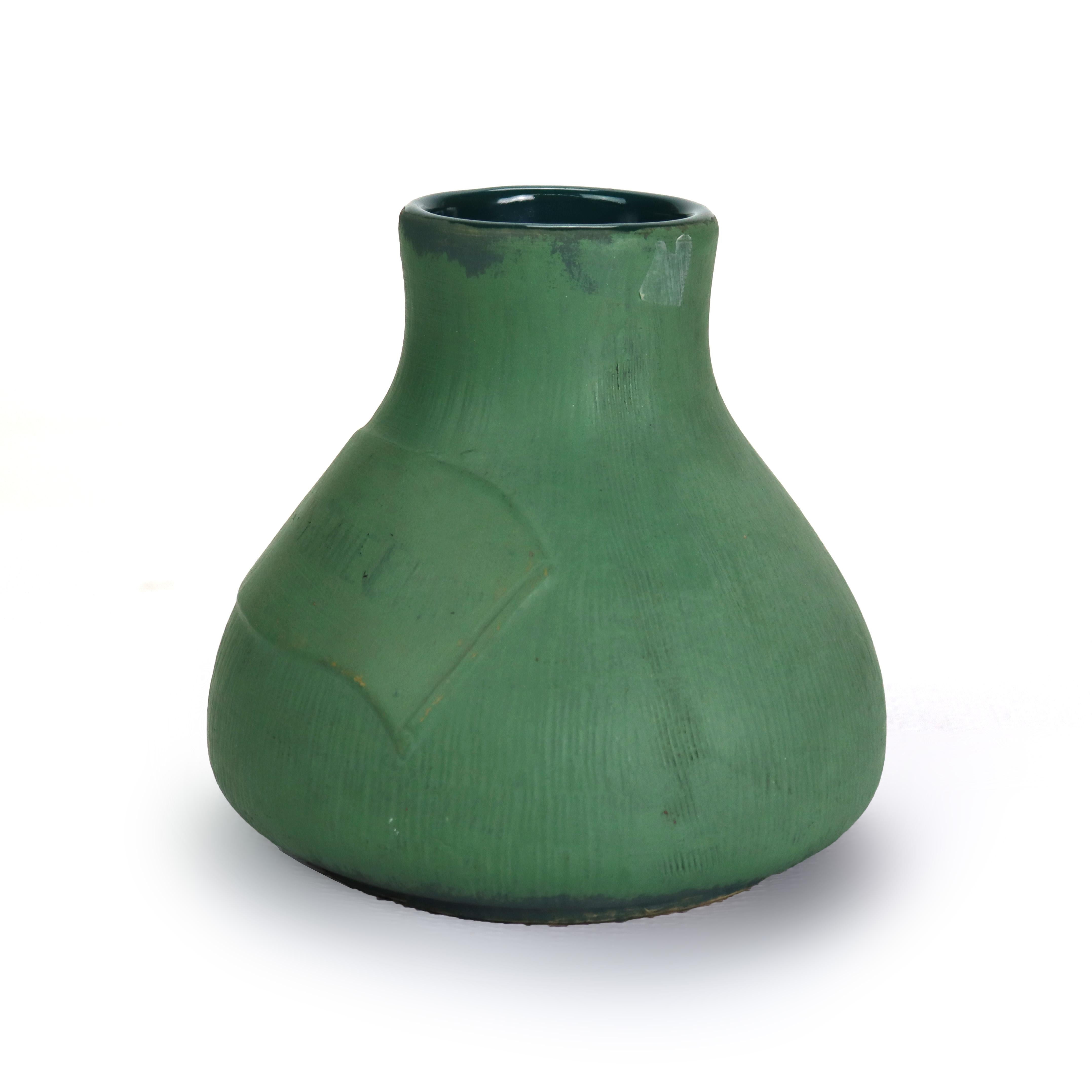 Antique Art & Crafts Matte Green Bulbous Pottery Vase Signed C1910 In Good Condition For Sale In Big Flats, NY