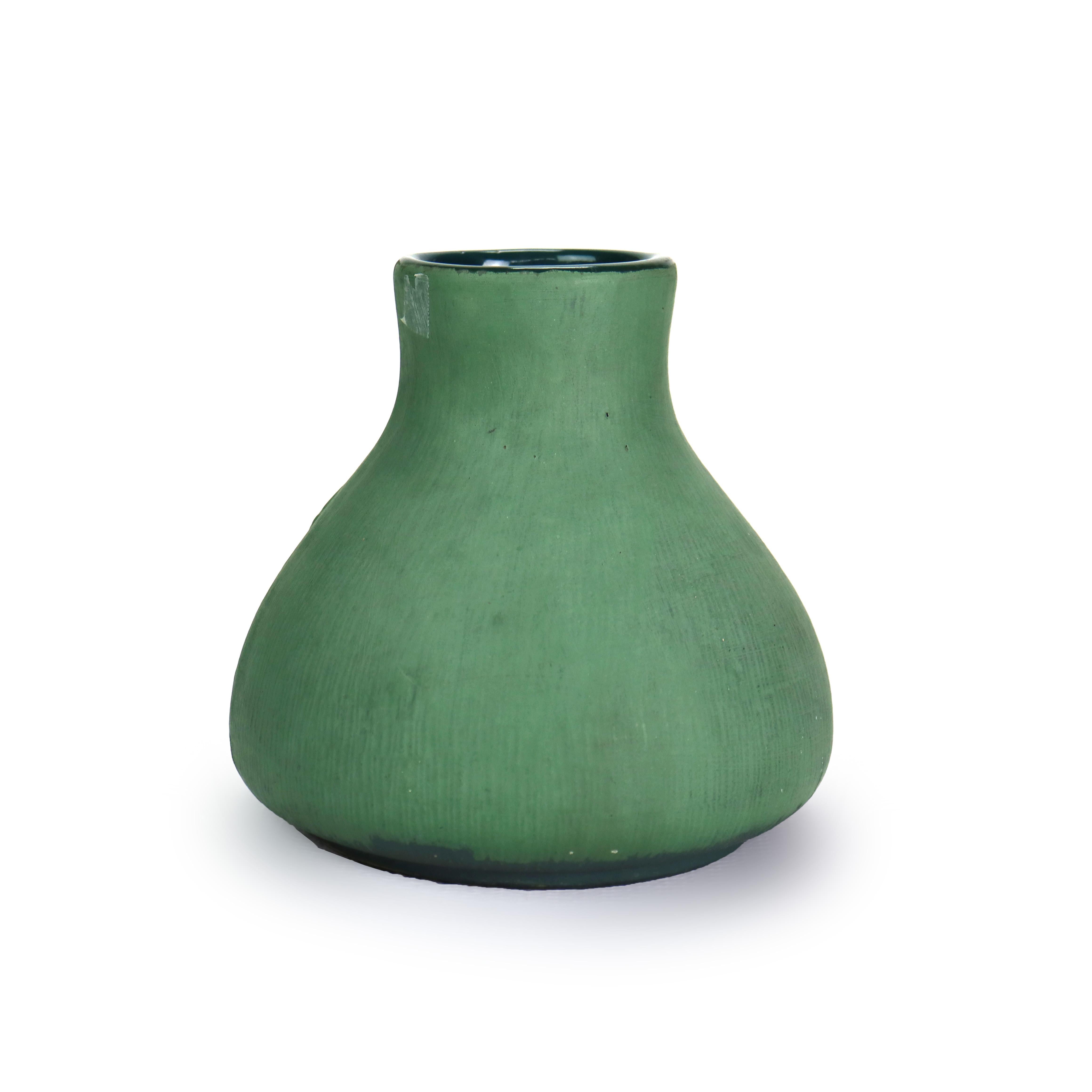 20th Century Antique Art & Crafts Matte Green Bulbous Pottery Vase Signed C1910 For Sale