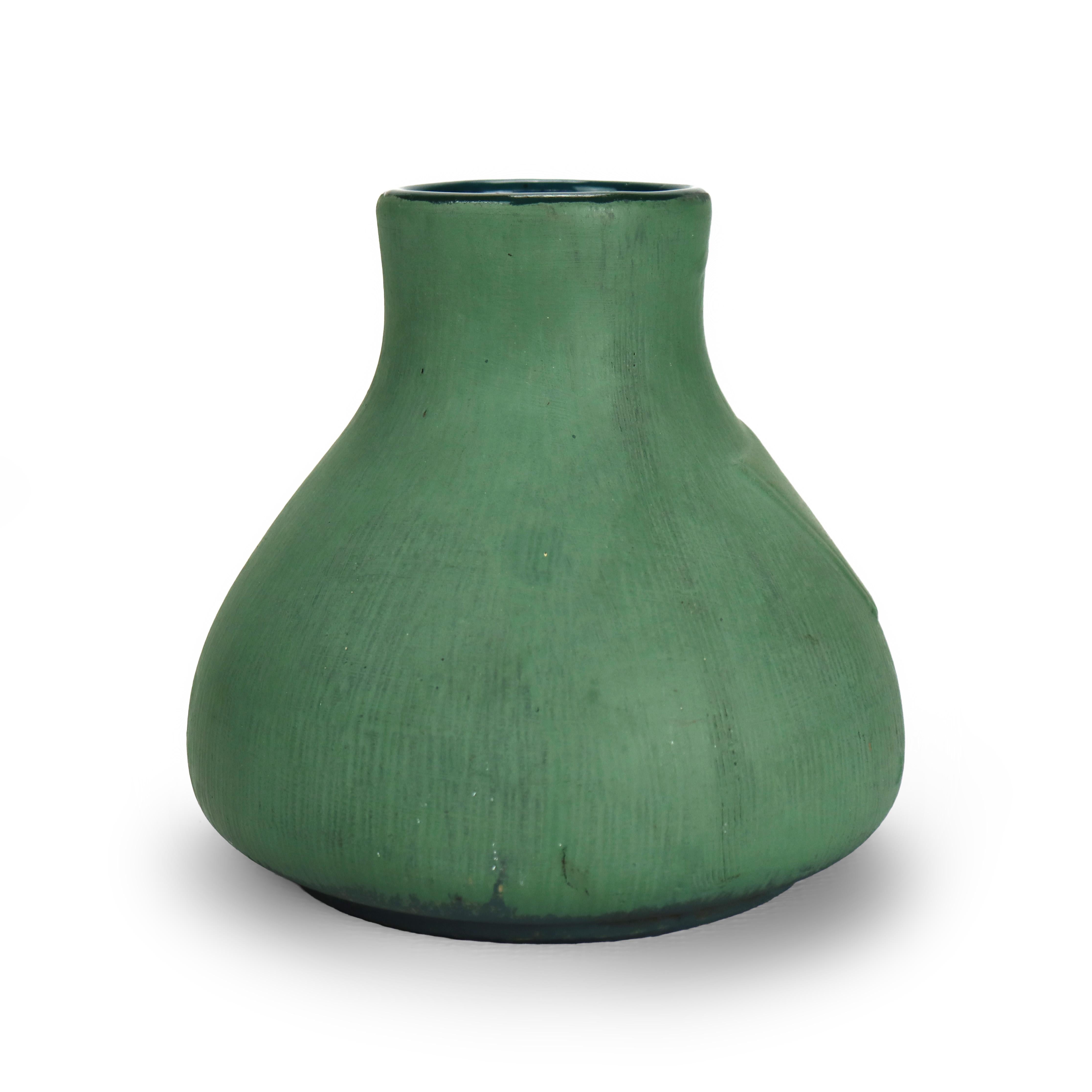 Antique Art & Crafts Matte Green Bulbous Pottery Vase Signed C1910 For Sale 1