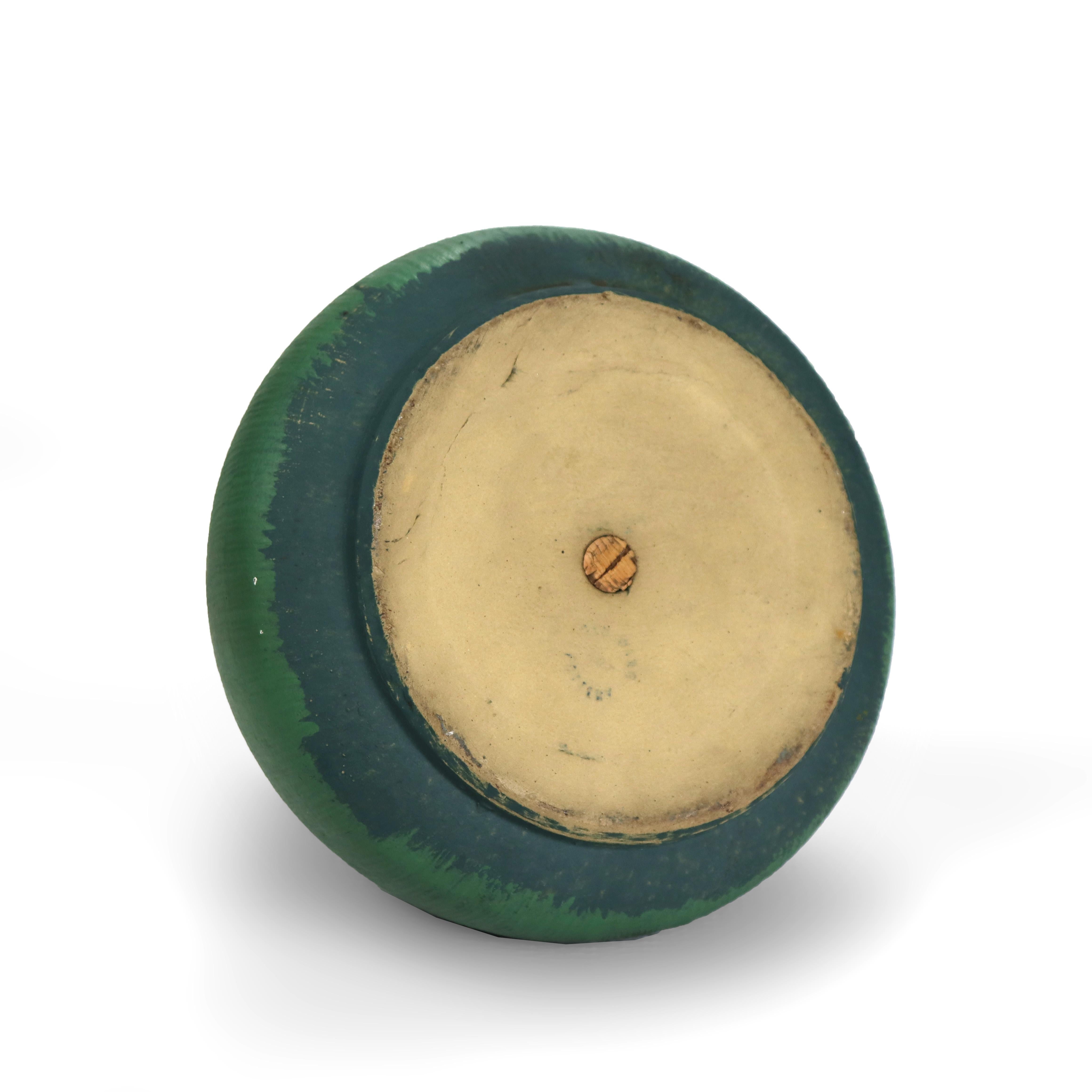 Antique Art & Crafts Matte Green Bulbous Pottery Vase Signed C1910 For Sale 2