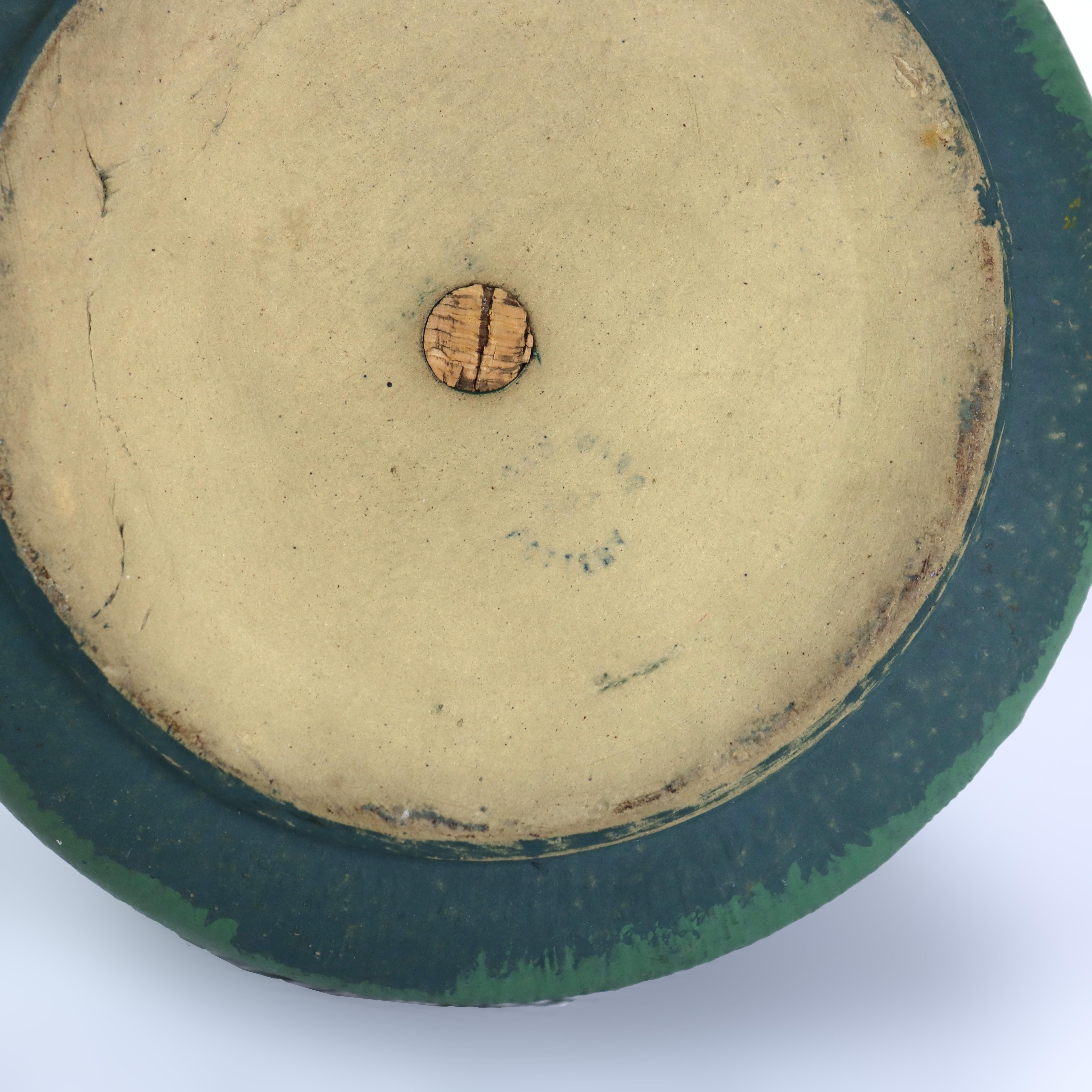 Antique Art & Crafts Matte Green Bulbous Pottery Vase Signed C1910 For Sale 3