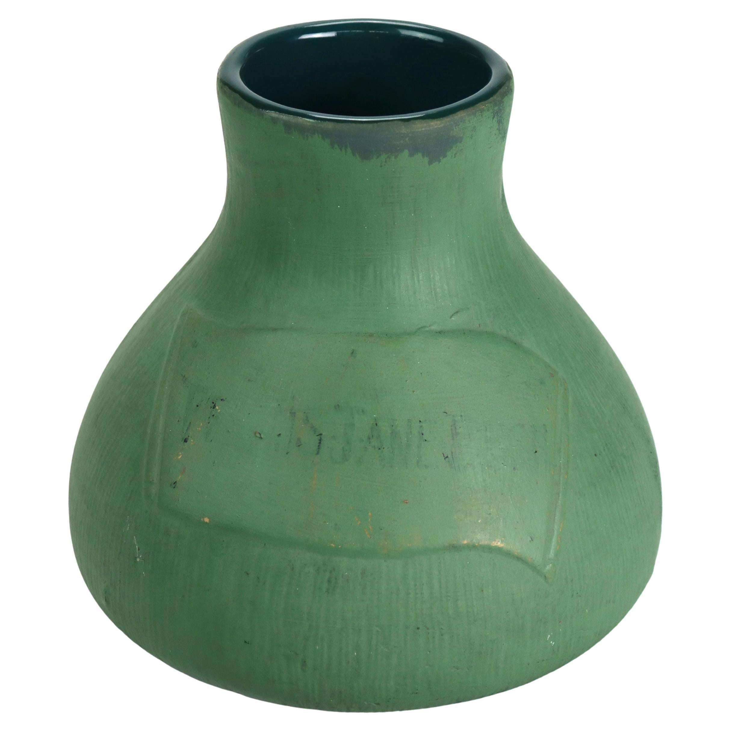 Antique Art & Crafts Matte Green Bulbous Pottery Vase Signed C1910 For Sale