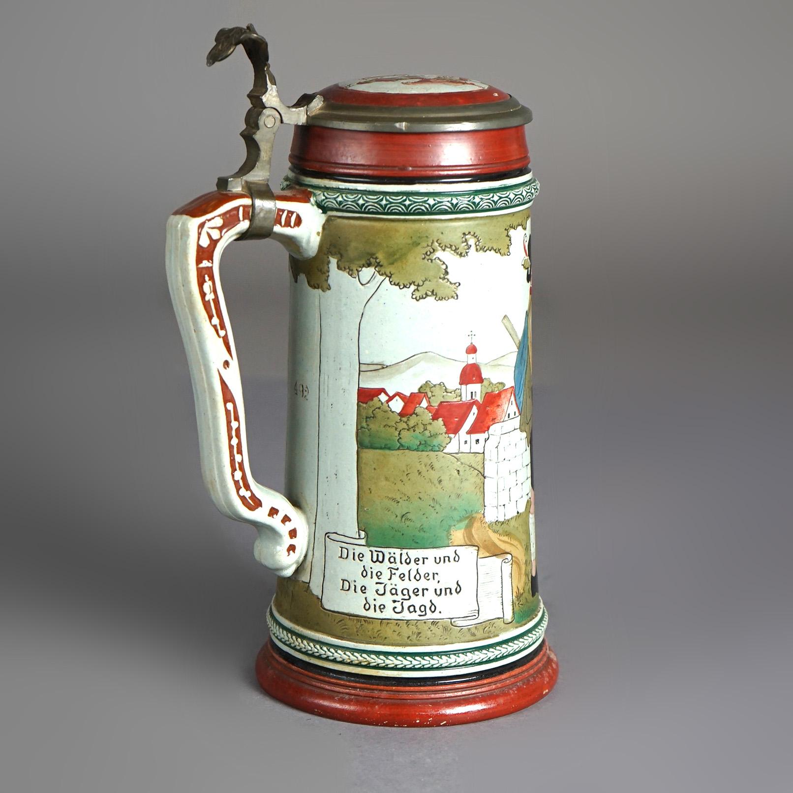 19th Century Antique Art & Crafts Scenic Musterschutz Germany Pottery Stein Circa 1900 For Sale