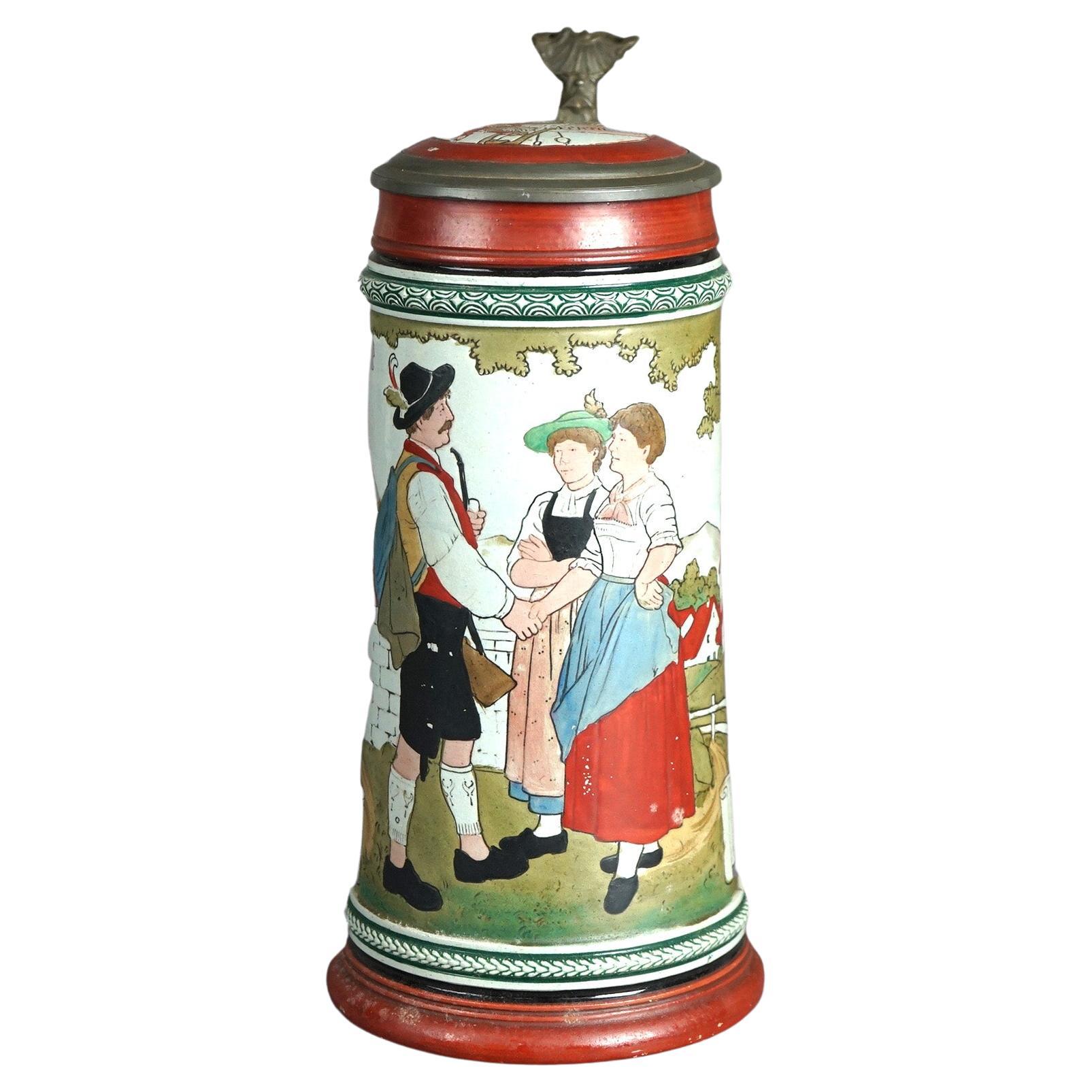 Antique Art & Crafts Scenic Musterschutz Germany Pottery Stein Circa 1900 For Sale