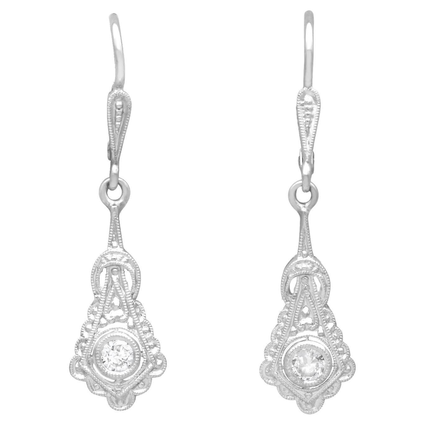 Antique Art Deco 0.24ct Diamond and 14ct White Gold Drop Earrings