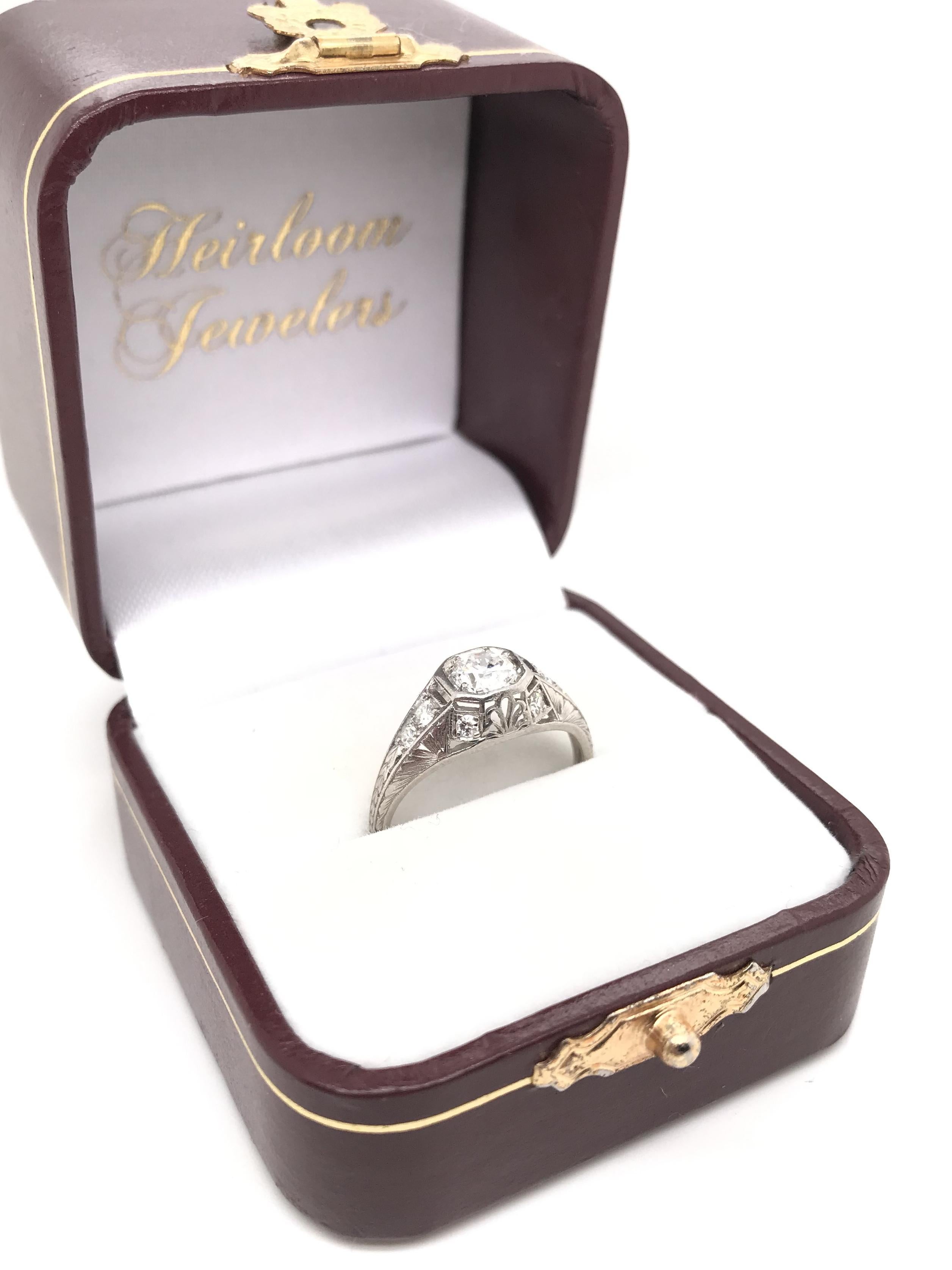 Antique Art Deco 0.60 Carat Diamond Platinum Filigree Ring For Sale 6