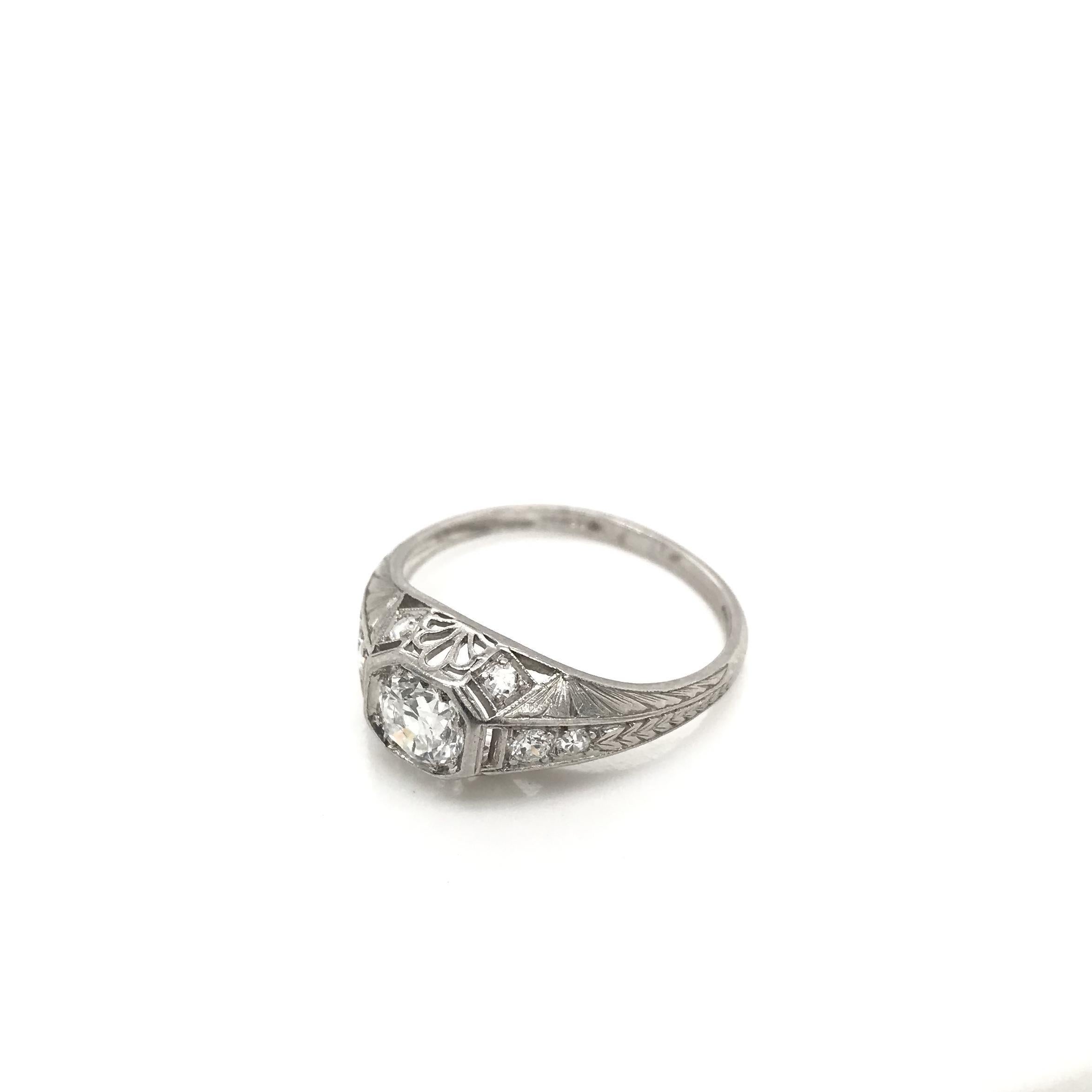 Old European Cut Antique Art Deco 0.60 Carat Diamond Platinum Filigree Ring For Sale