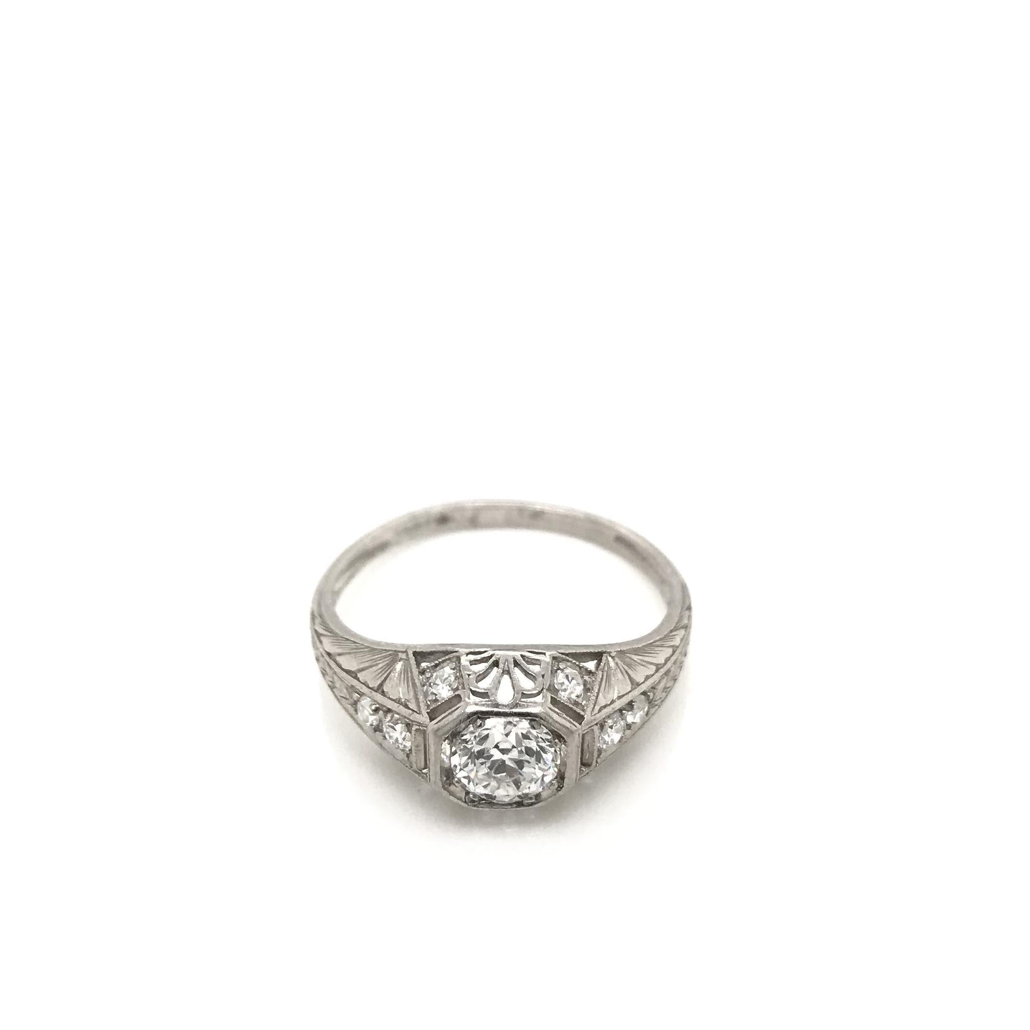 Women's Antique Art Deco 0.60 Carat Diamond Platinum Filigree Ring For Sale