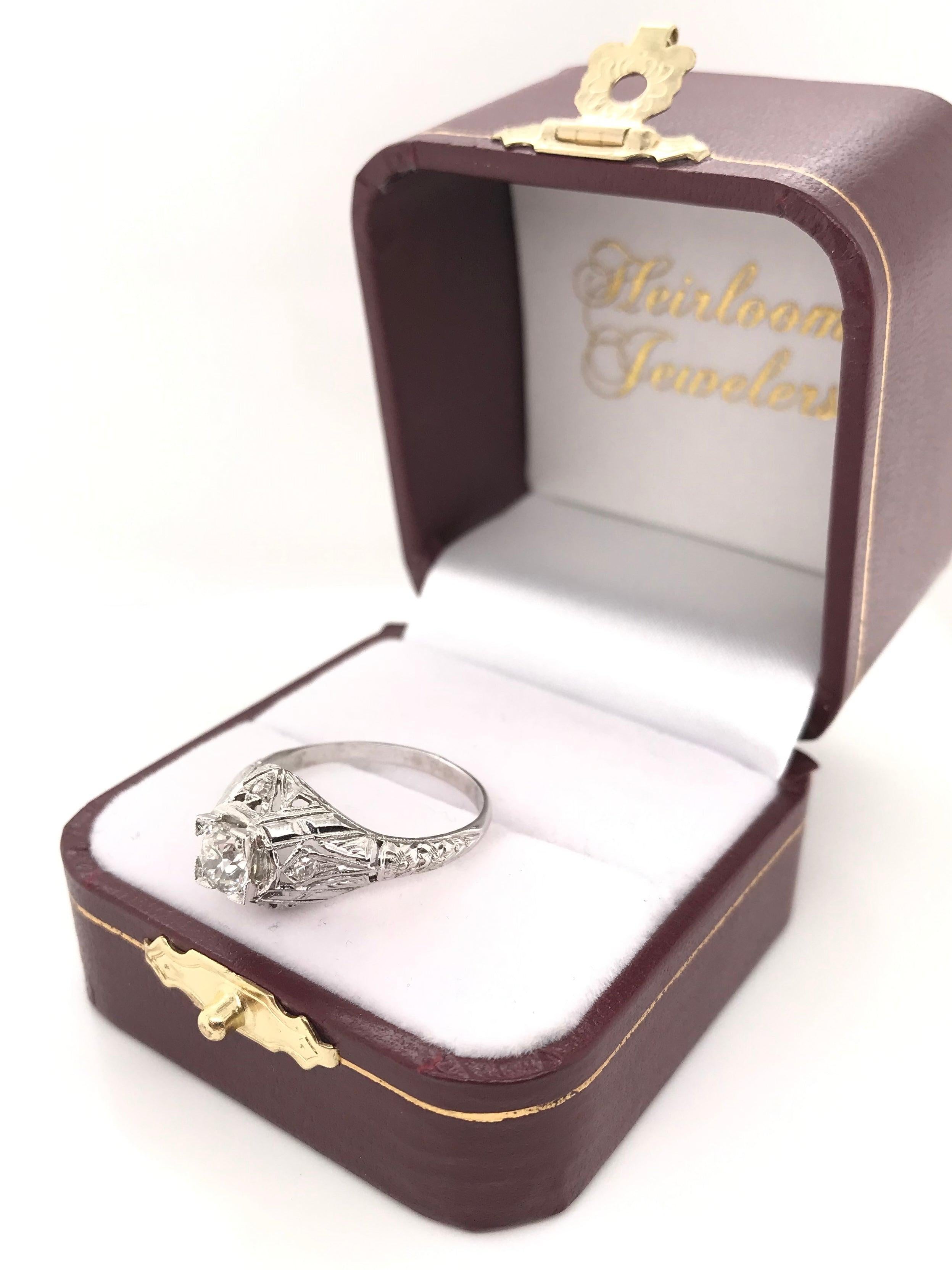 Antique Art Deco 0.65 Carat Diamond Solitaire Style Filigree Ring For Sale 7