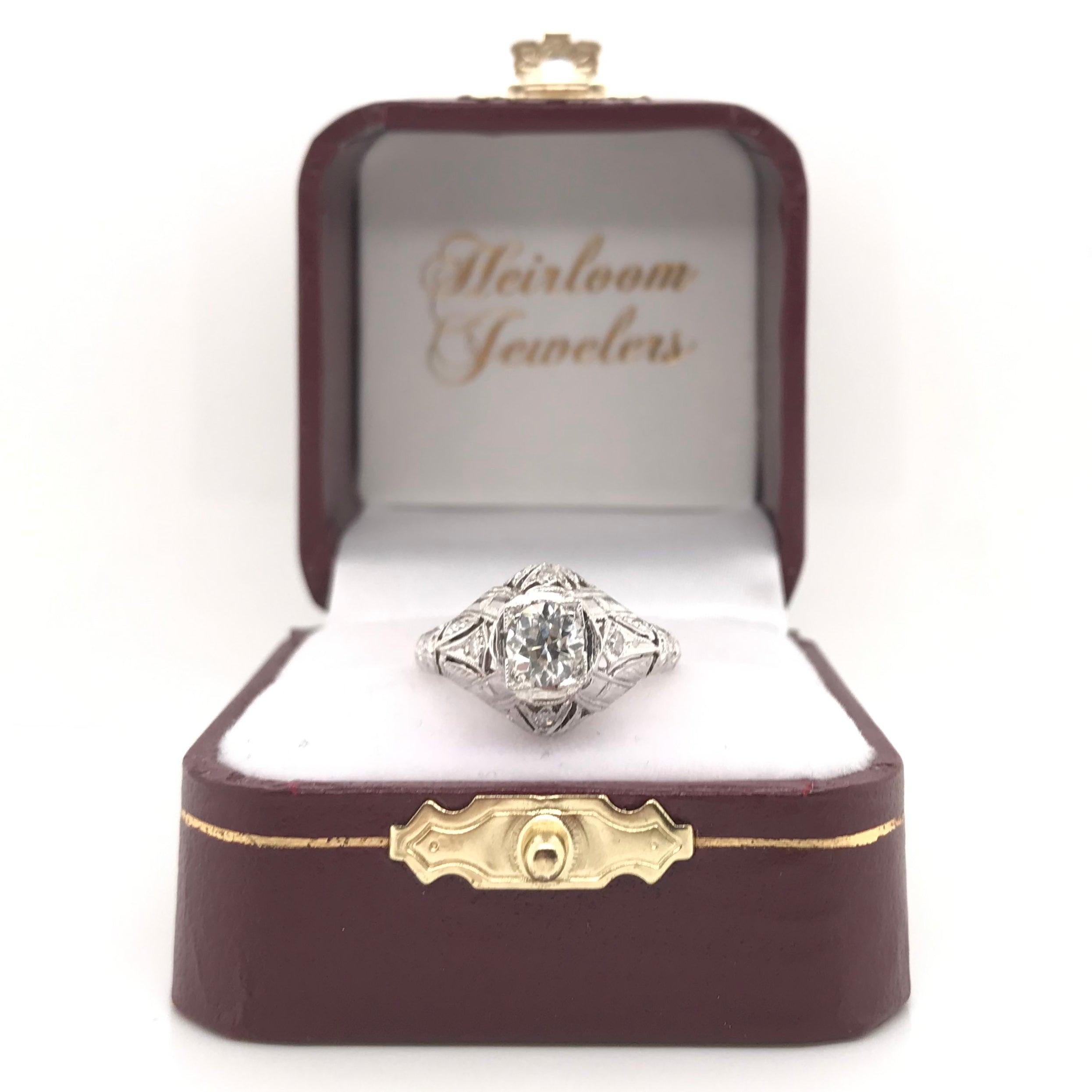 Antique Art Deco 0.65 Carat Diamond Solitaire Style Filigree Ring For Sale 8