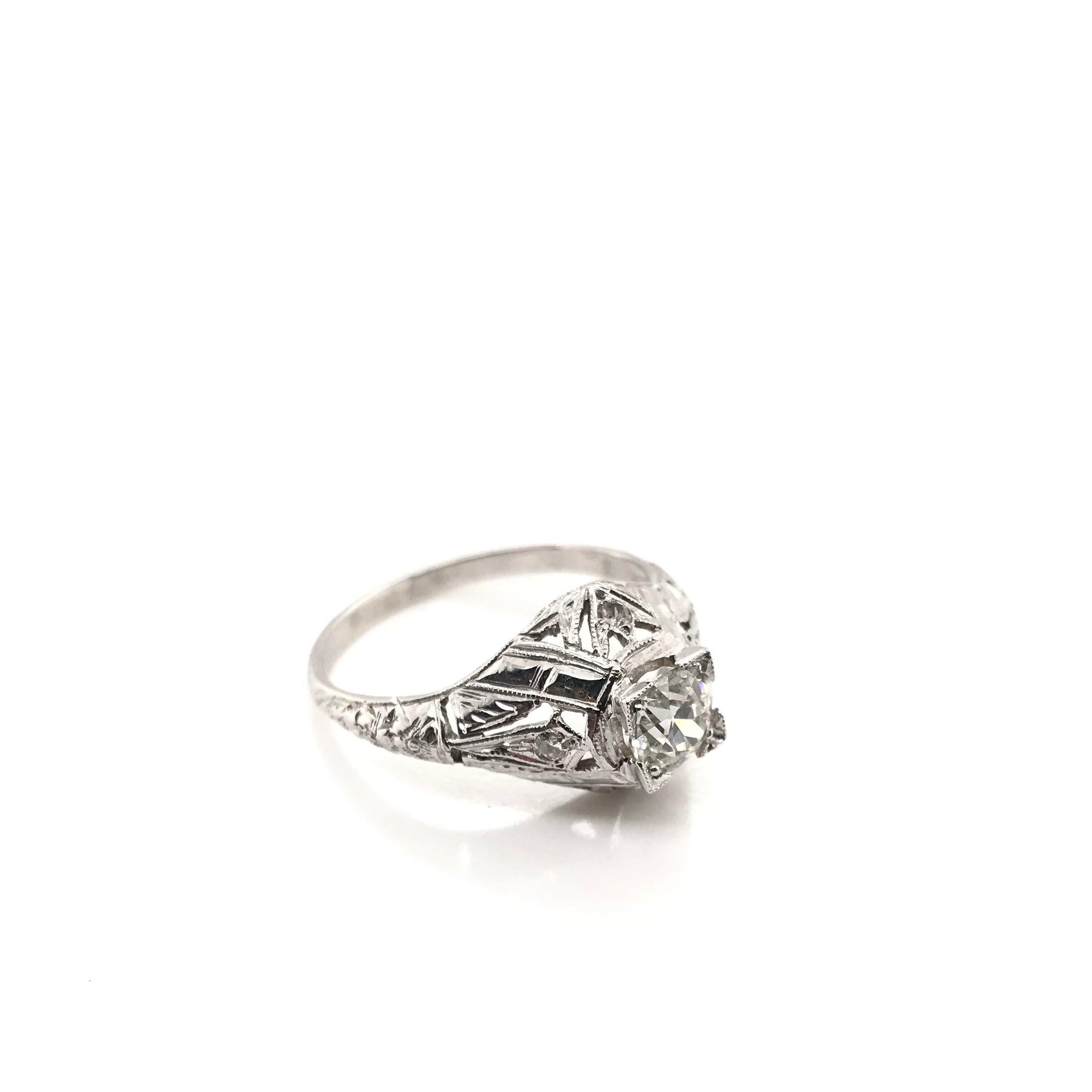 Old European Cut Antique Art Deco 0.65 Carat Diamond Solitaire Style Filigree Ring For Sale